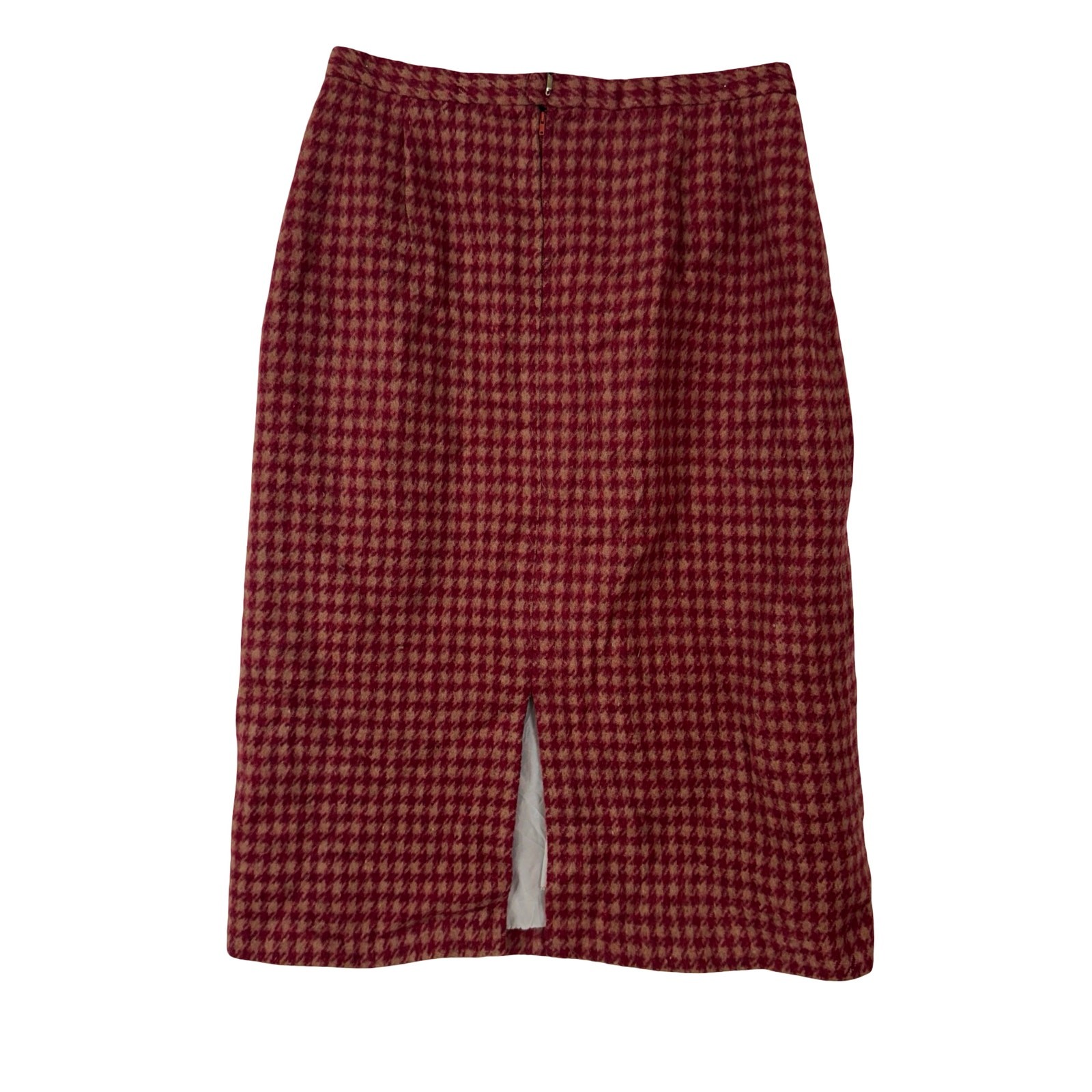 Vintage 60s Heavy Wool Houndstooth Skirt Red Camel Metal Zip 28W Medium Project