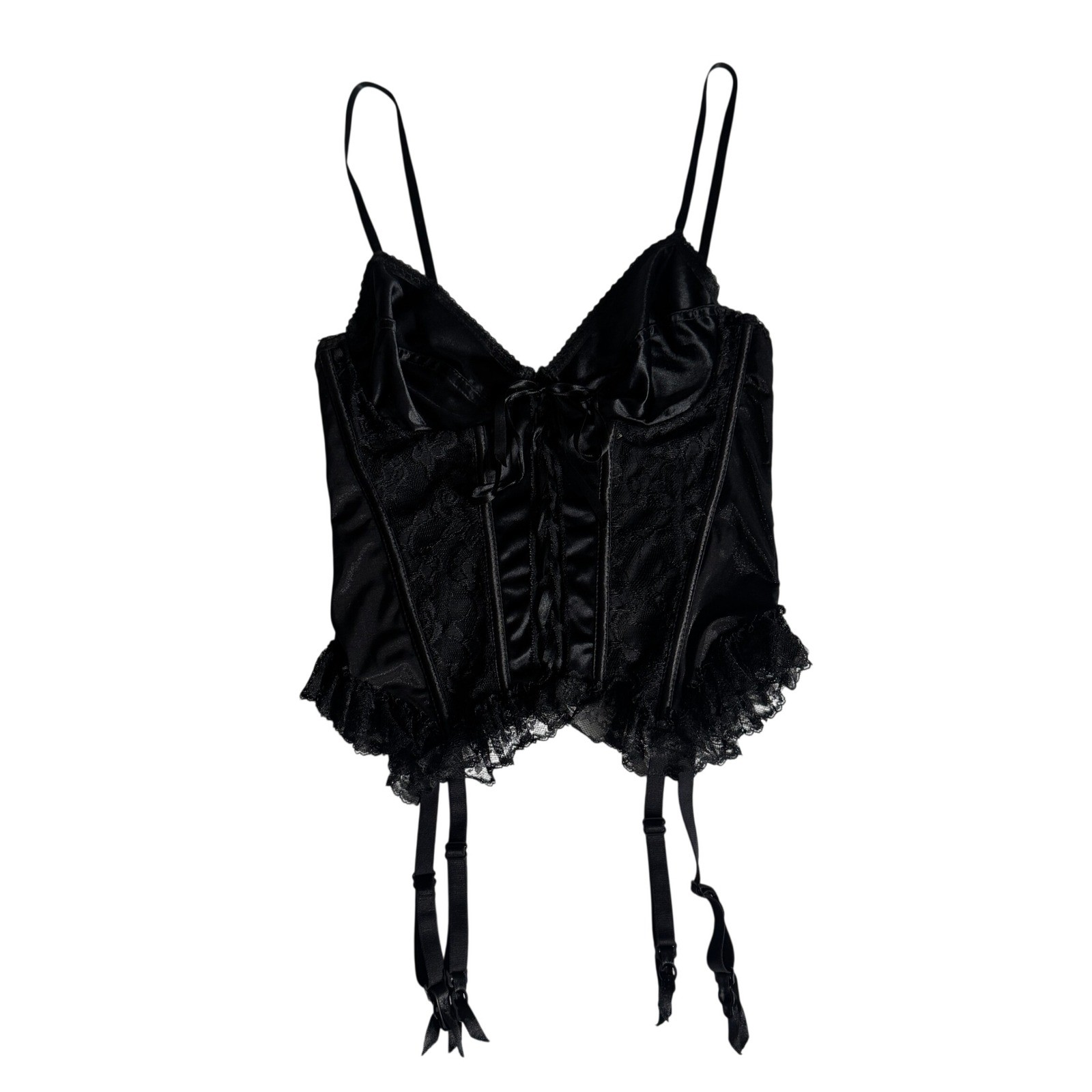 Vintage Black Satin Lace Corset Top Garter Bustier Womens VTG 36C Whimsygoth