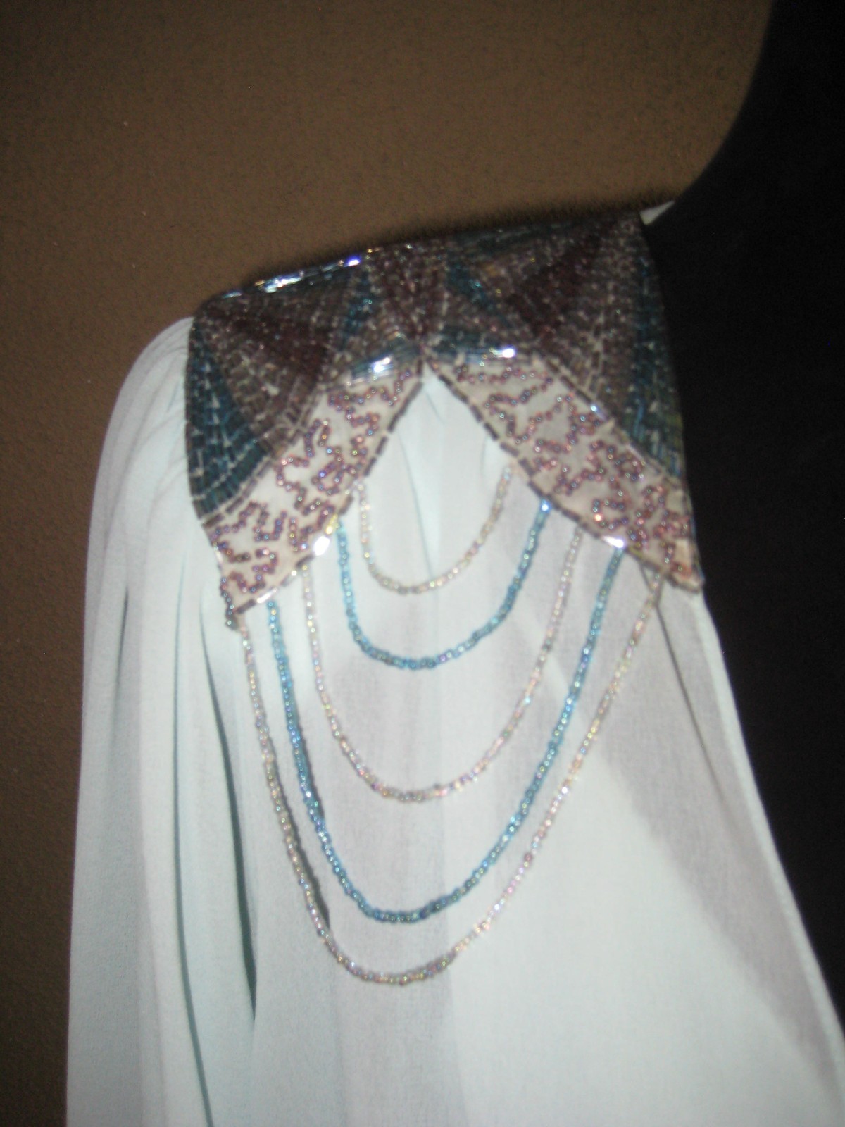 Vintage 1982 Casadei Eletra chiffon dropwaist bead padded shoulder party dress