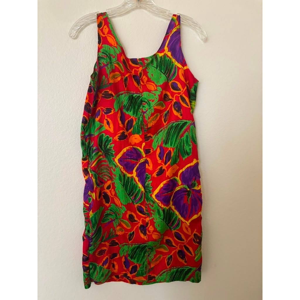 Vintage Russell Tropical Floral Shift Mini Dress Red Purple Hibiscus Sleeveless
