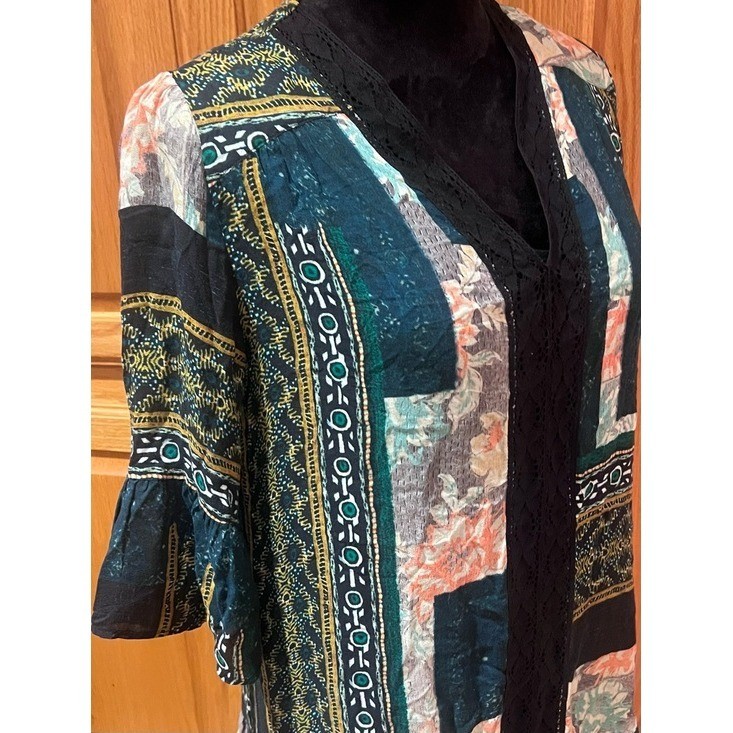 Anthropologie Maeve Patchwork Lace Trim Peasant Mini Dress Tunic Green Size XS