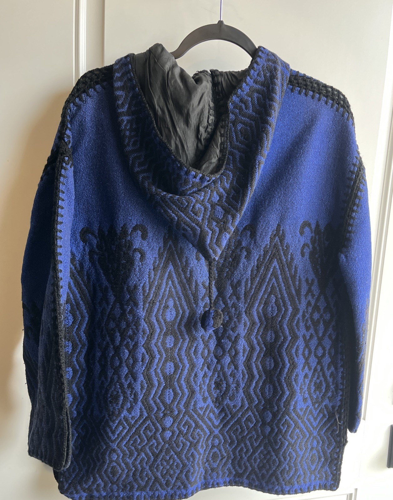 Vintage Woman’s Knit Crocheted Blue & Black Poncho Jacket Wool Cotton Lined