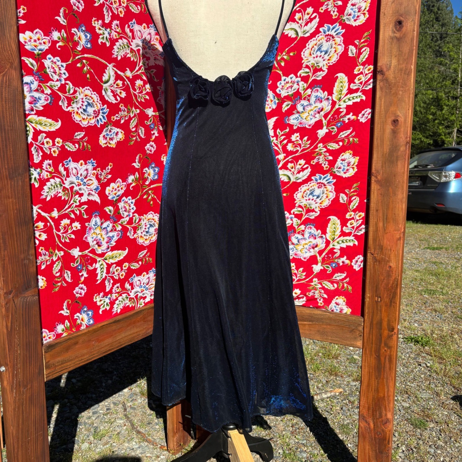 VTG Black+Blue Iridescent Whimsigoth Formal Wedding Guest Maxi Dress Size S