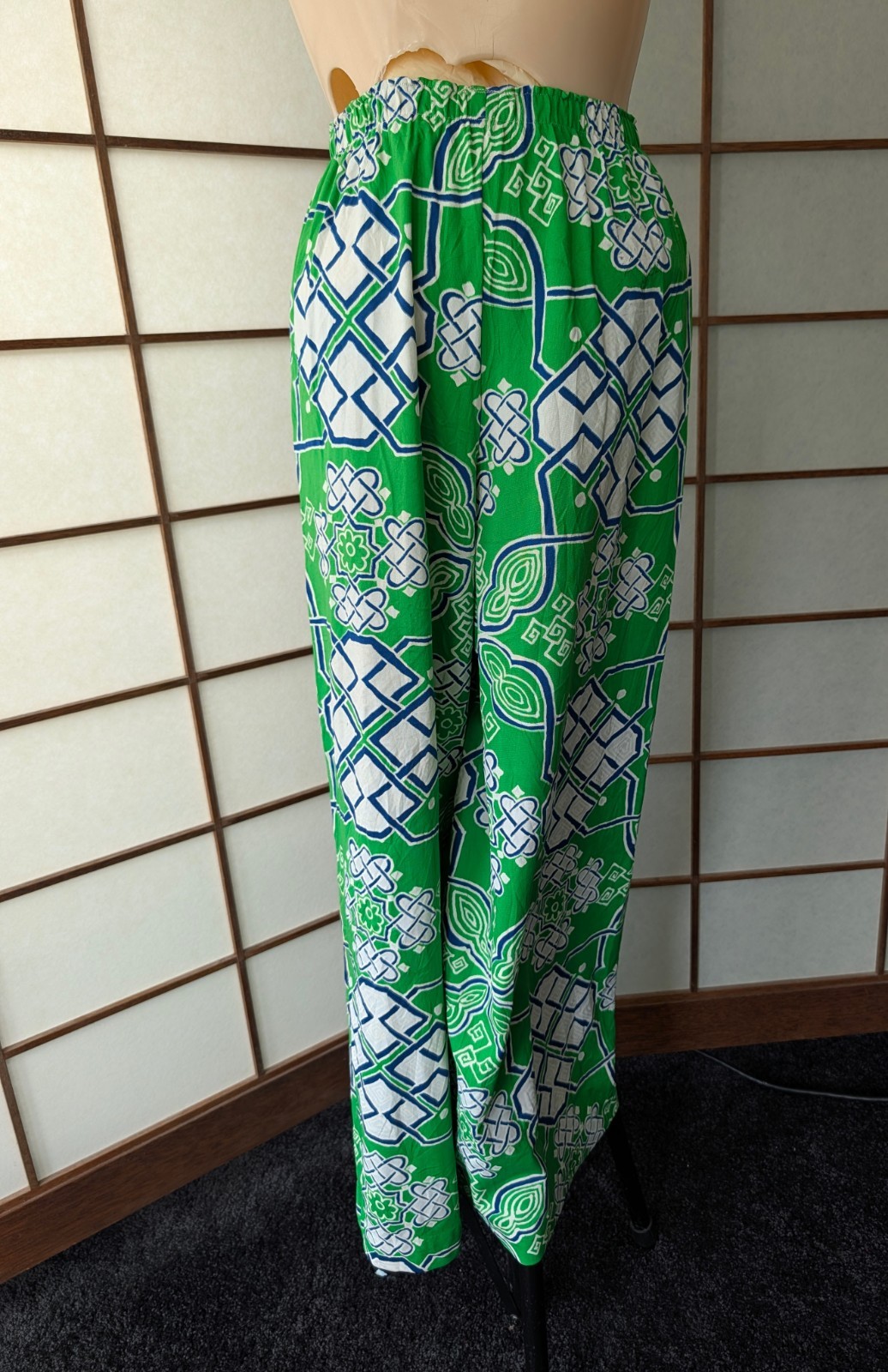 Vintage Nylon Palazzo Lounge Pajama Pants Elastic Waist Lingerie Green Blue M/L