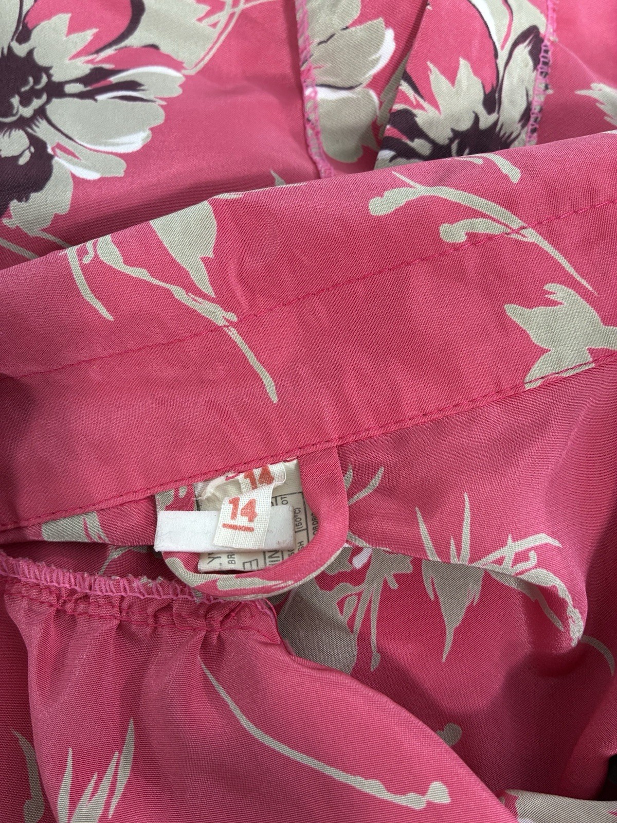 Vintage Silky Shirt Dress Size 14 Pink Floral Roll Tab Sleeves Made In Britain