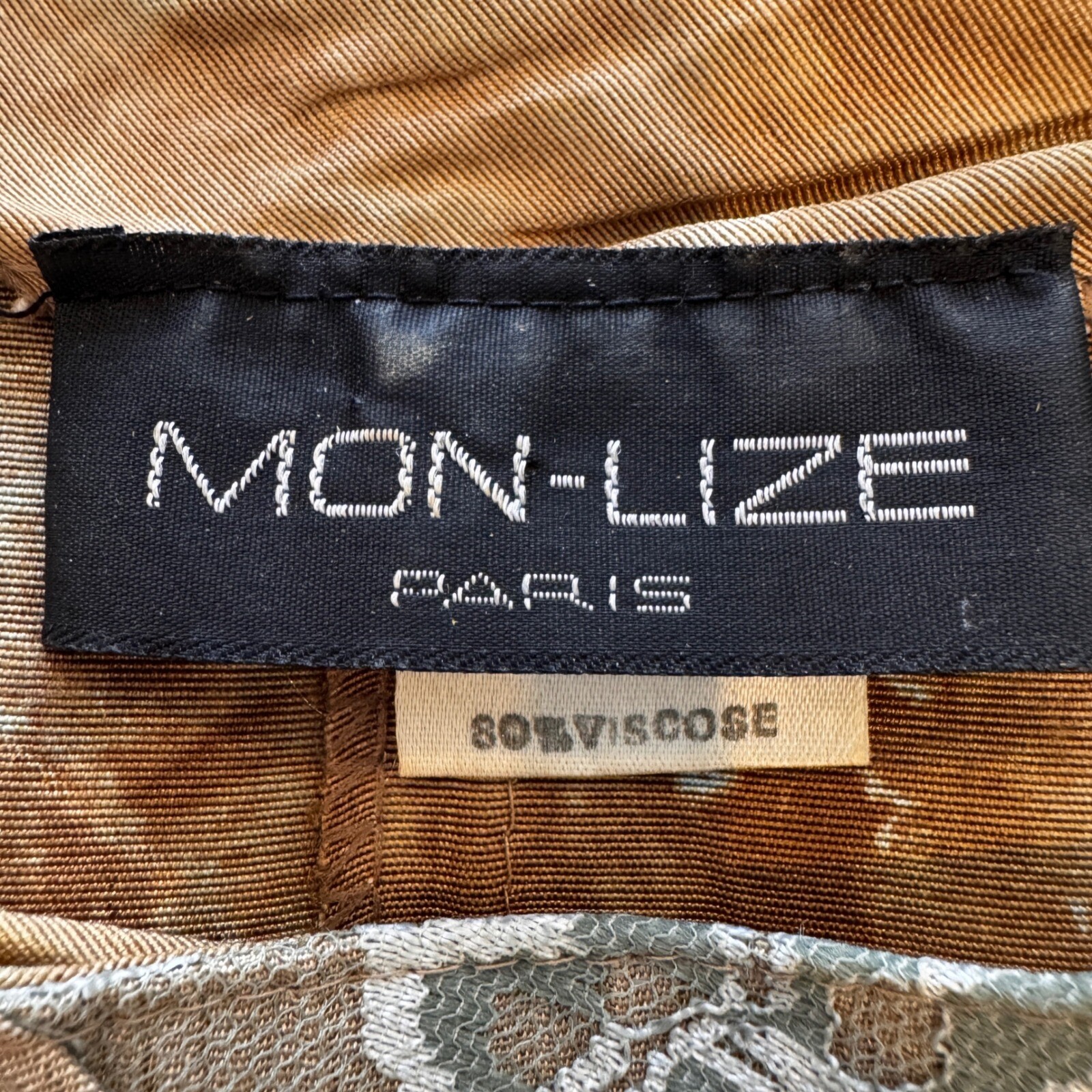 VTG MON-LIZE 80s Tunic Top MED/LG Mixed Media Made France Brown Artsy Lagenlook
