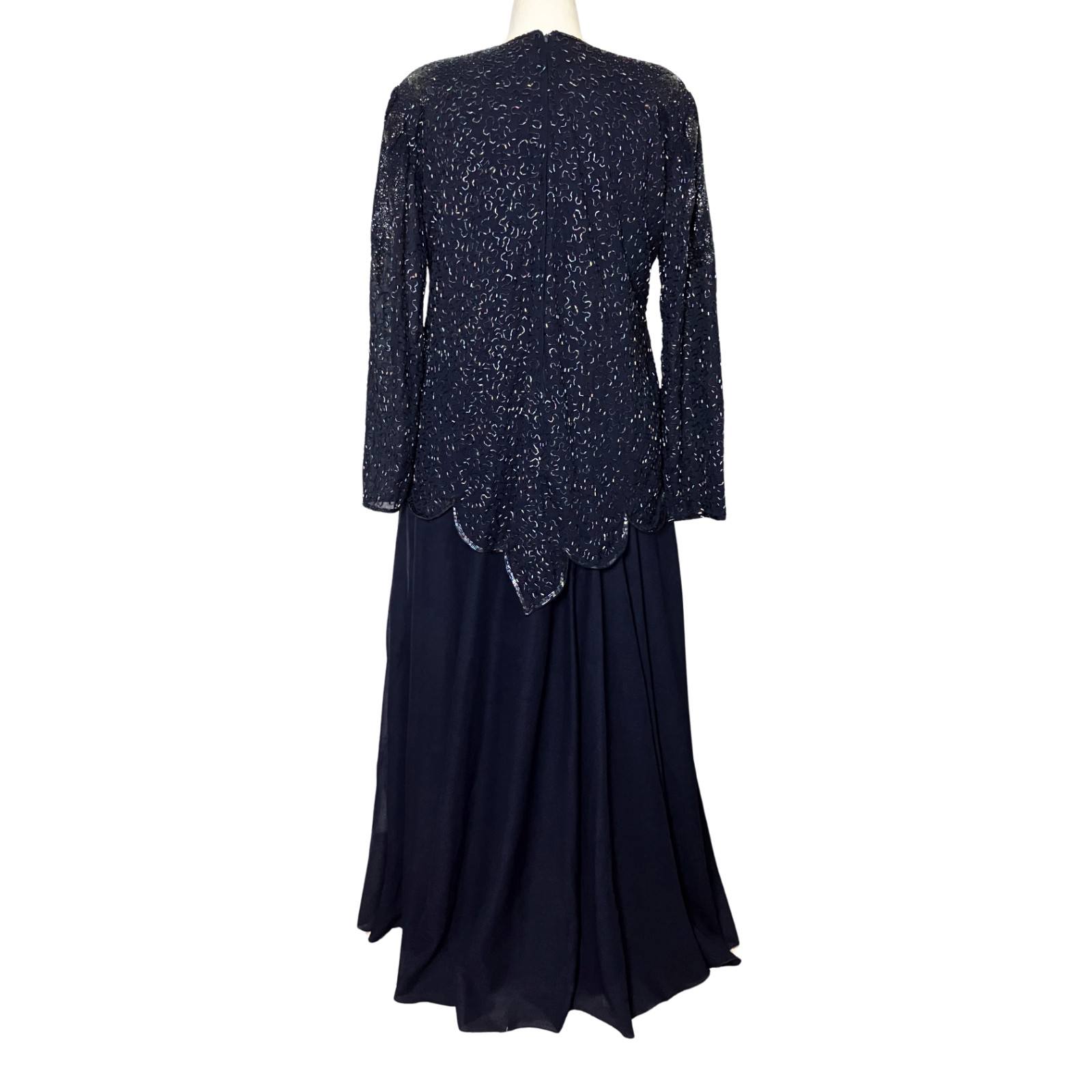 Vintage 80s 90s Navy Blue Beaded Formal Dress Long Sleeves. XL/XXL. Modest
