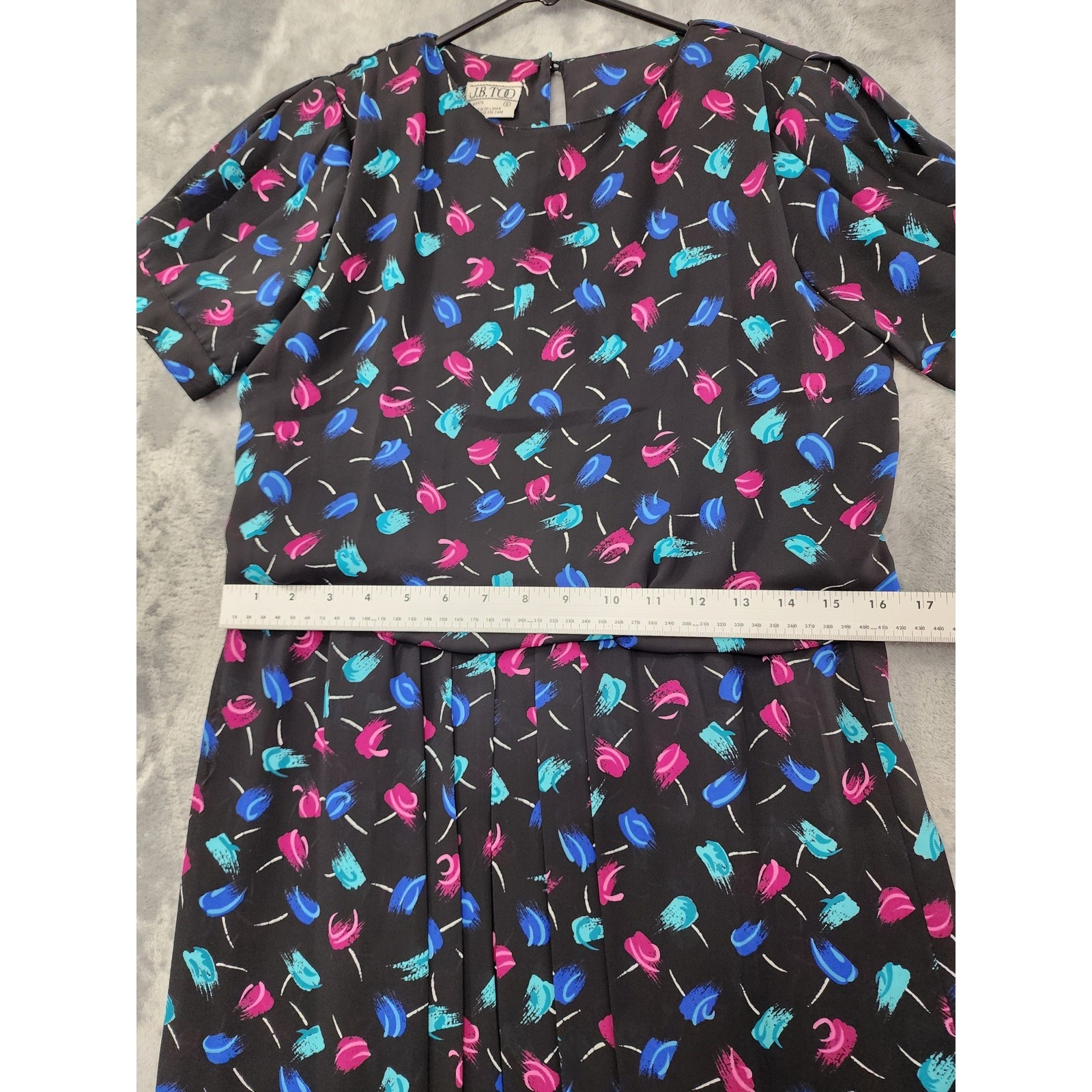 Vintage 80s JB Too Abstract Floral Blouson Pleated Day Dress Size 8 Black Pink