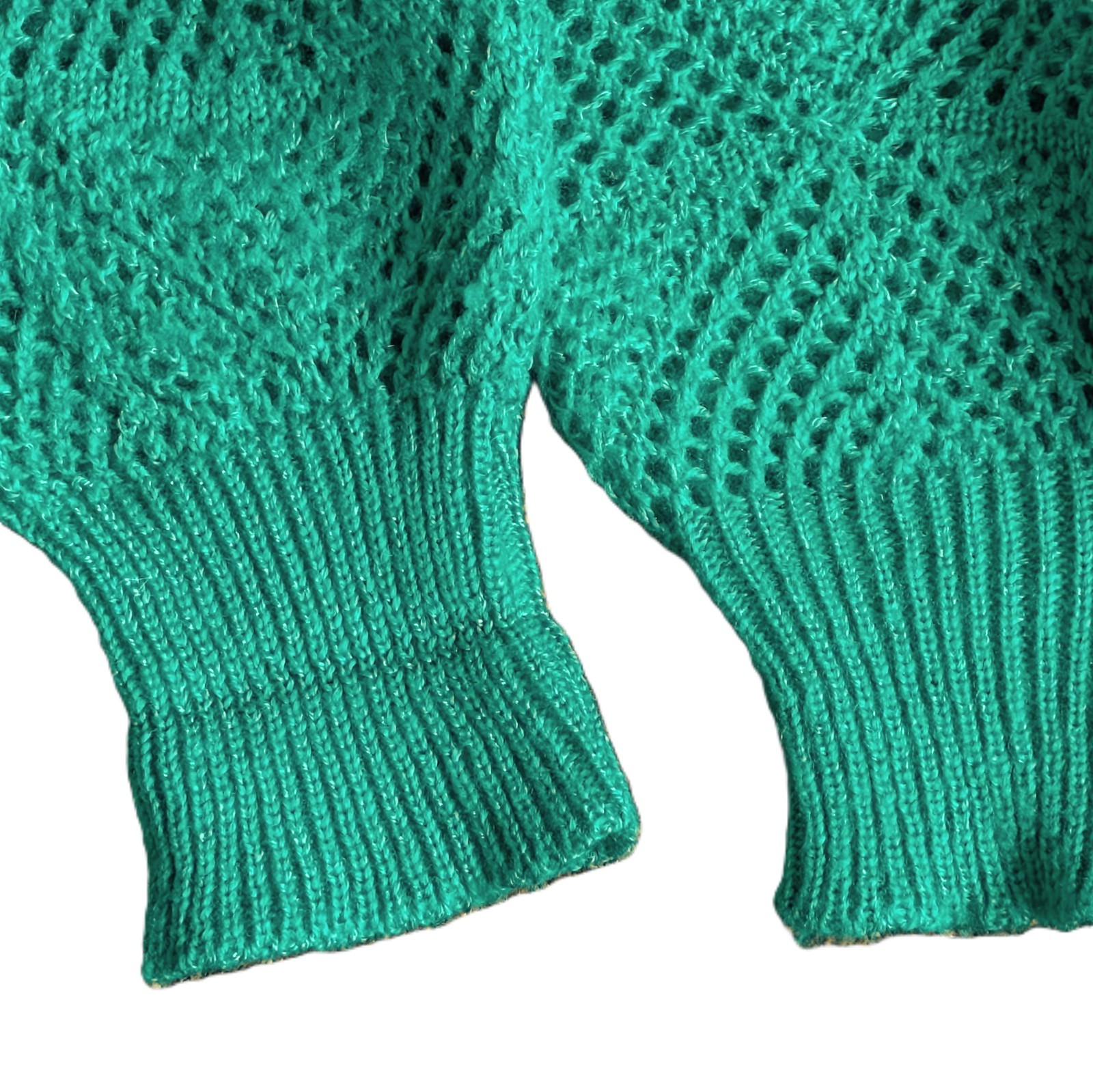 VTG Green S/M Green 2pc Set Skirt Eyelet Crochet Knit Sweater French Acrylic EUC