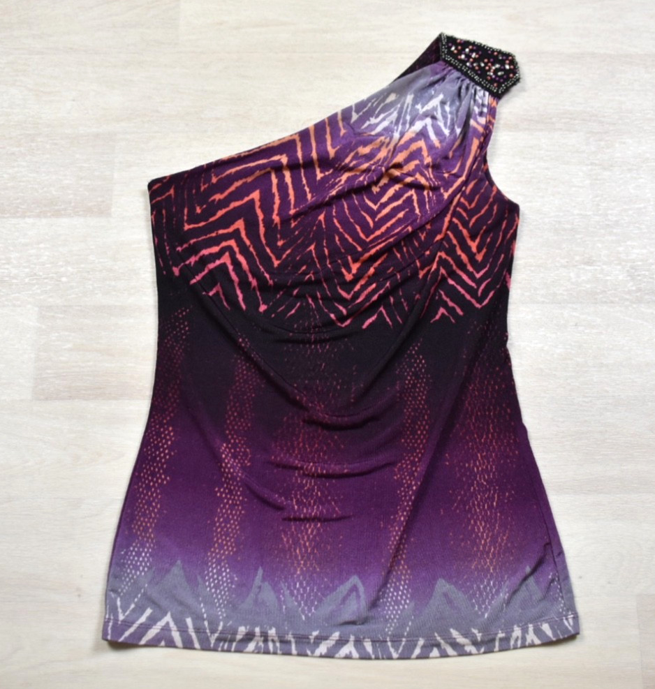 McBling Bisou Bisou One Shoulder Purple Geometric Print Top Medium VTG 2000s Y2K