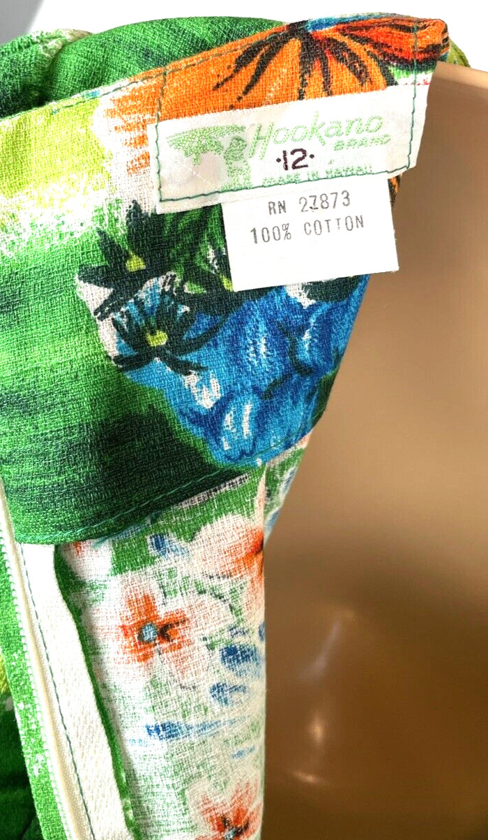 Vintage Hawaiian Dress Size 12 Large Tropical Green Floral Maxi Barkcloth