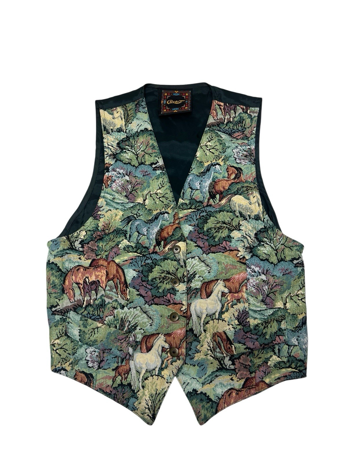 Vtg Circle T Woven Tapestry Vest Western Wild Horses SZ L Womens