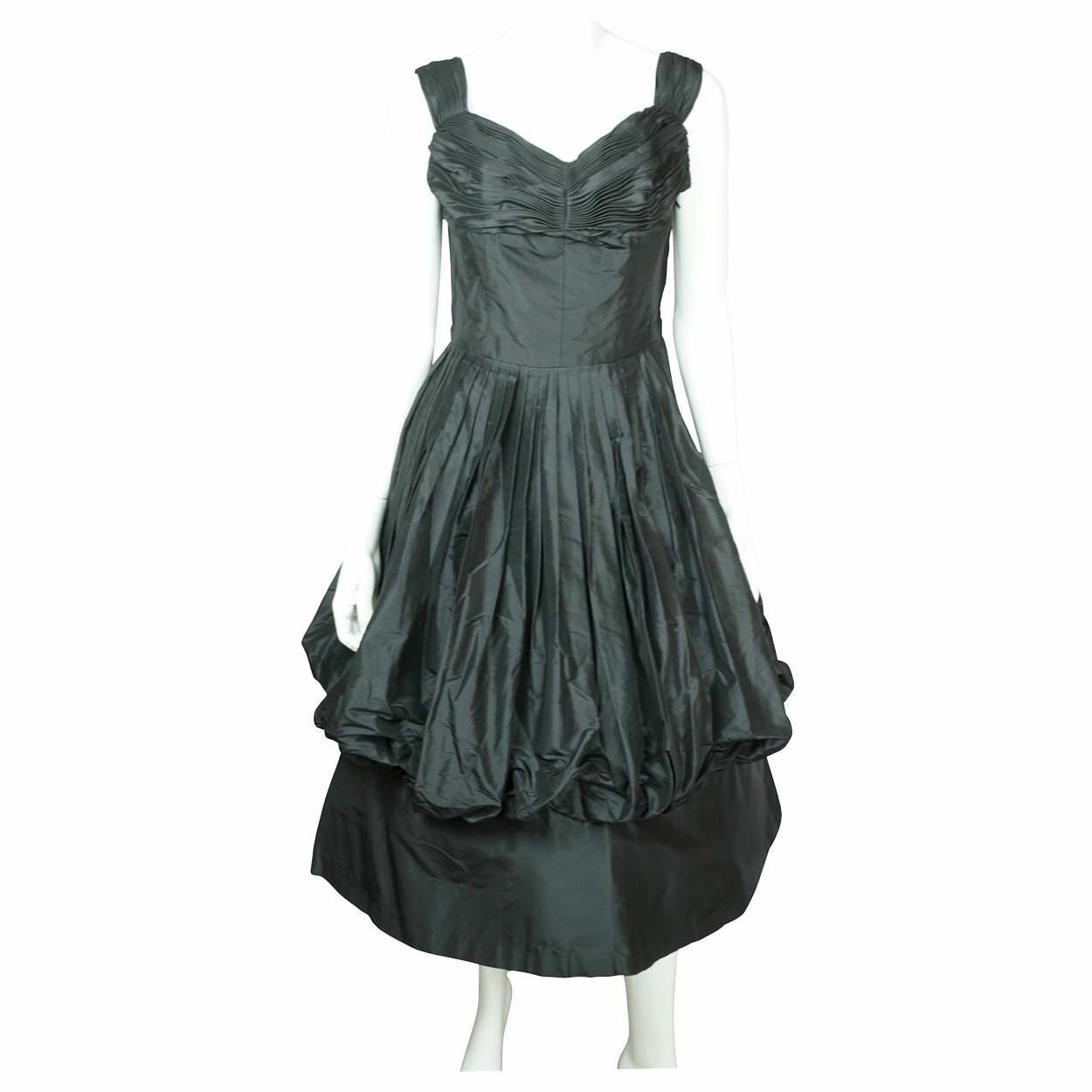 Vintage 1950s Black Silk Taffeta Dress w Bubble Balloon Skirt Size M