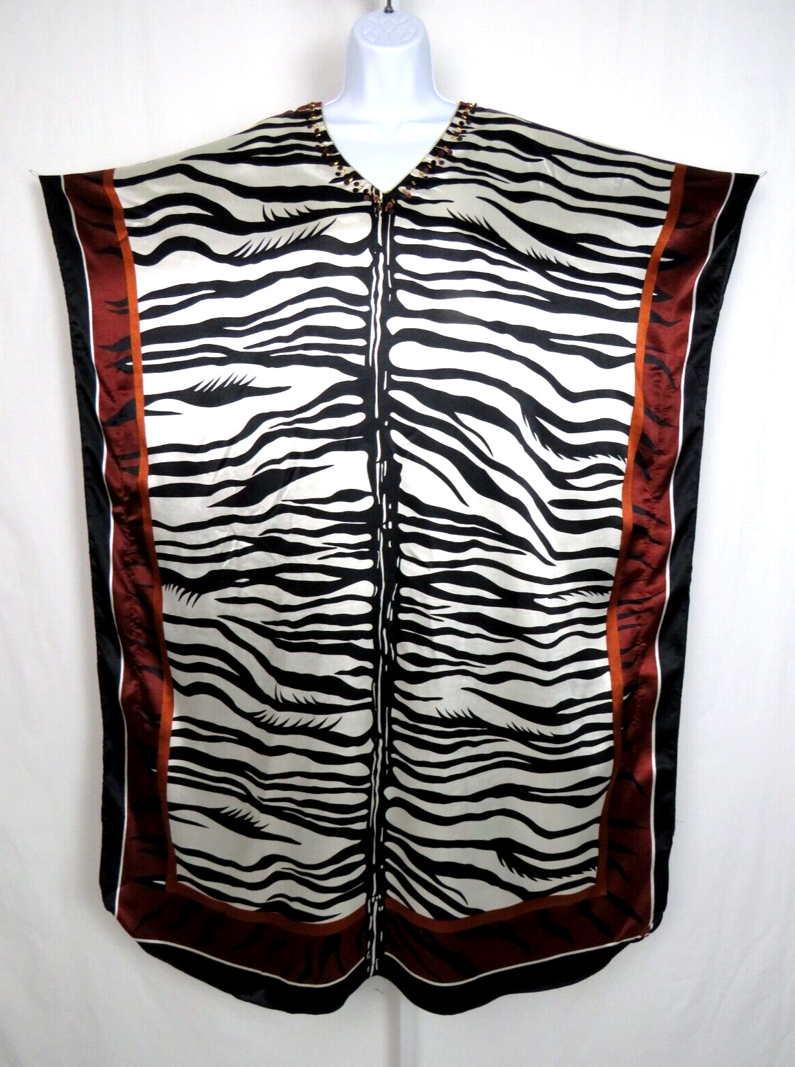VTG 1980s SANTE CLASSICS BEADED SEQUIN KAFTAN ONE SIZE WHITE TIGER ANIMAL PRINT