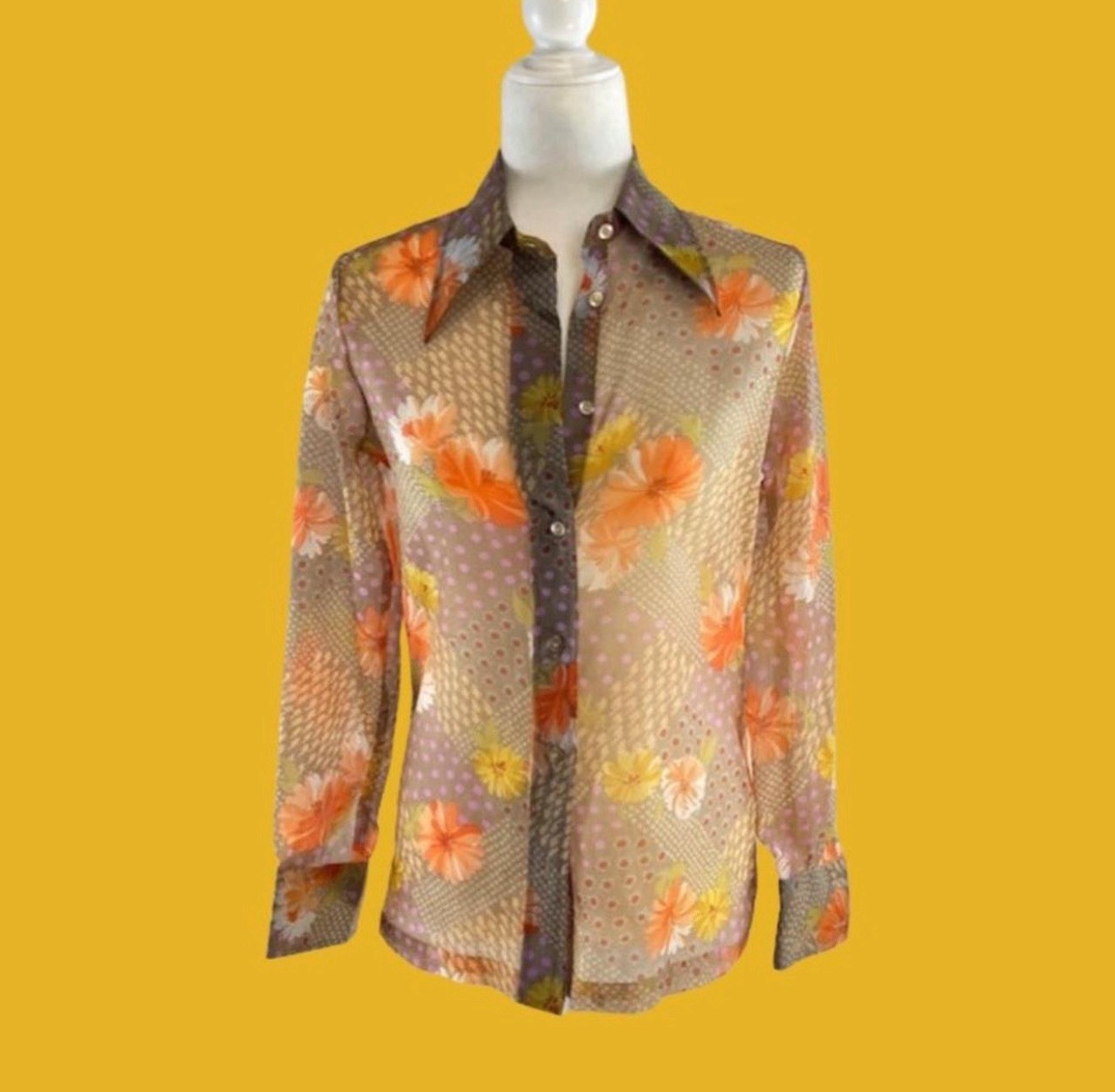 Vintage 70s Sheer See Through Floral Print Button Blouse Shirt Lady Manhattan