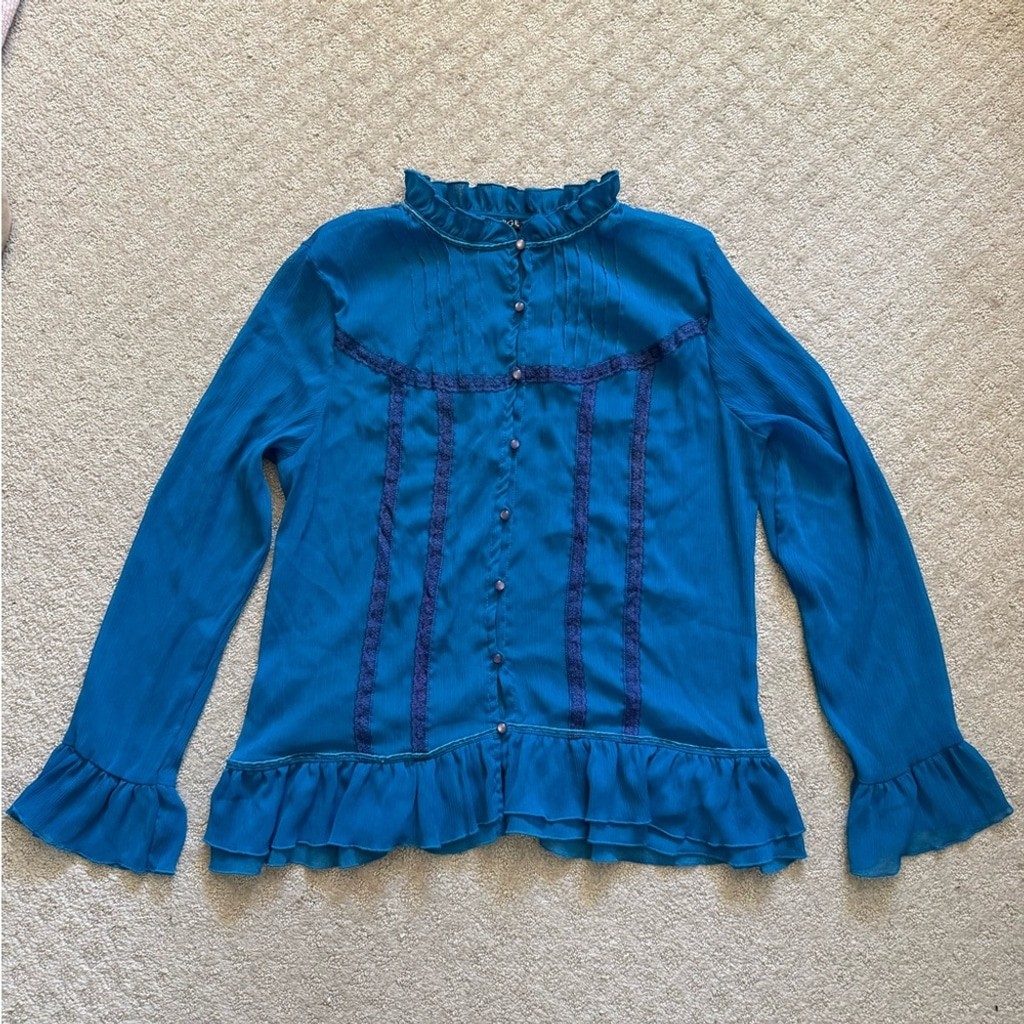 Vintage Teal Blue Sheer Ruffle Blouse Victorian Cottagecore Fairycore Whimsical