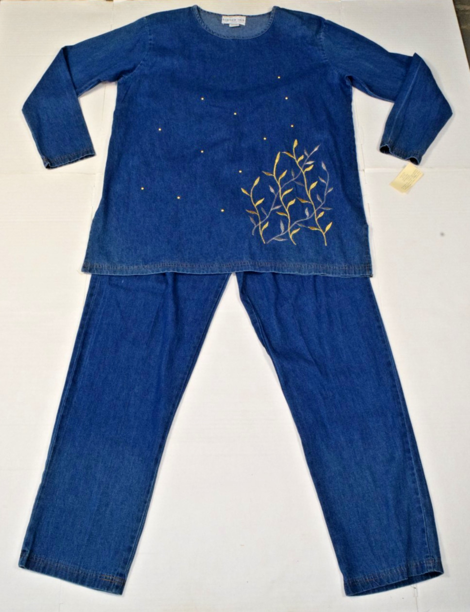 Vintage Top and Pants Set Bedford Fair Size L 90s Blue Denim Embroidered NWT