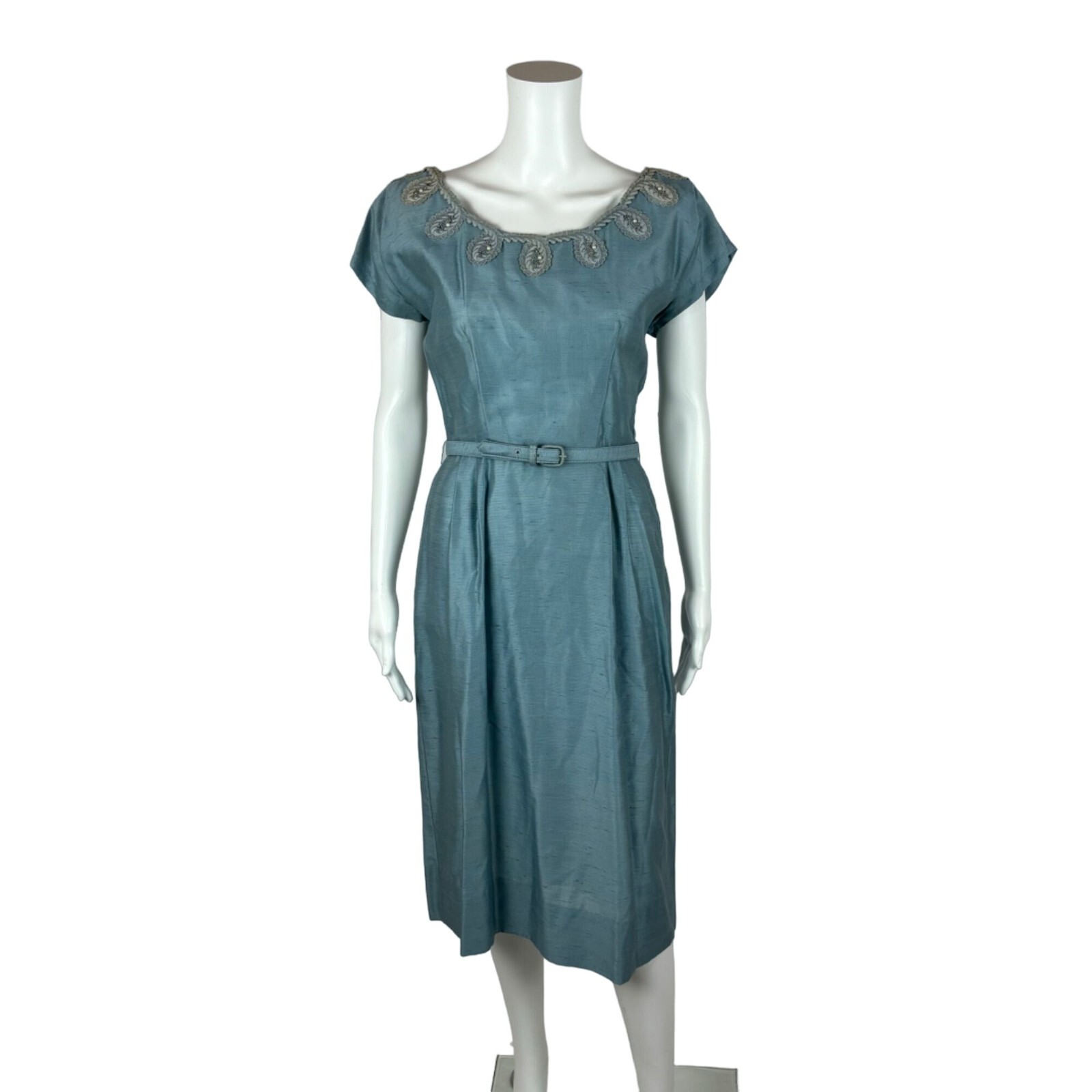 Vintage 1950s Dress Set Women’s Small Faux Silk Blue Cocktail Outfit Ann Kauffma