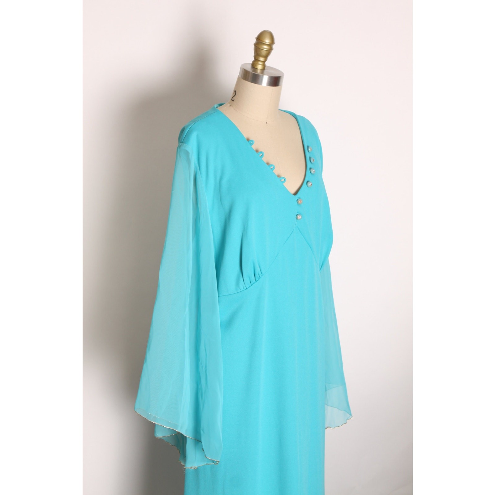 1970s Turquoise Blue Gold Angel Wing Sleeve Formal Plus Size Dress by Lily Lynn