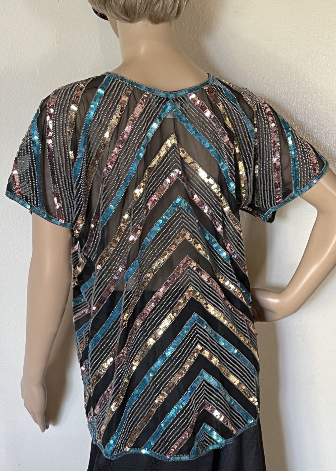 1980s Club Scene Black & Blue & Silver Sequin Silk Blouse by Argenti Size Medium
