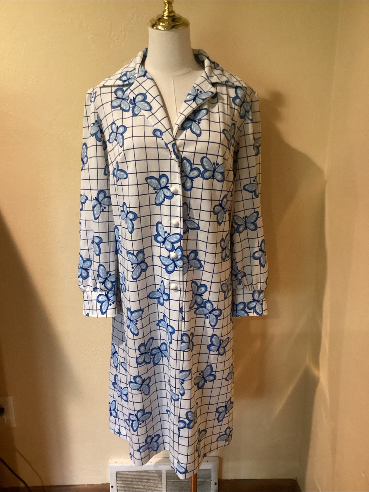 Vintage 70s “Prissy” Blue And White Butterfly Checkered Button up Shirt Dress