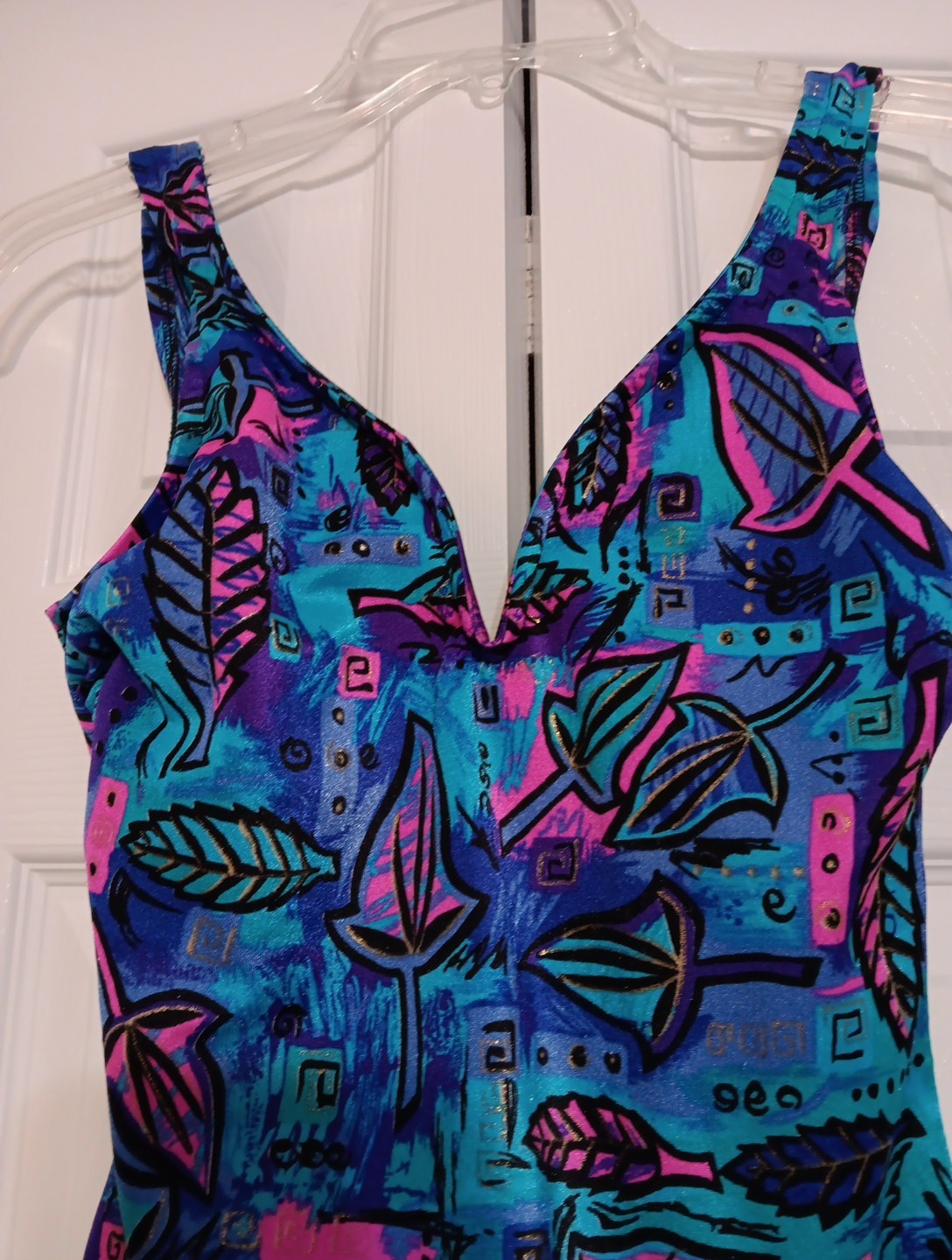 Vtg Jantzen One-Piece Swimsuit, Size 8, Colorful 80s Design, USA, Teal, Purple