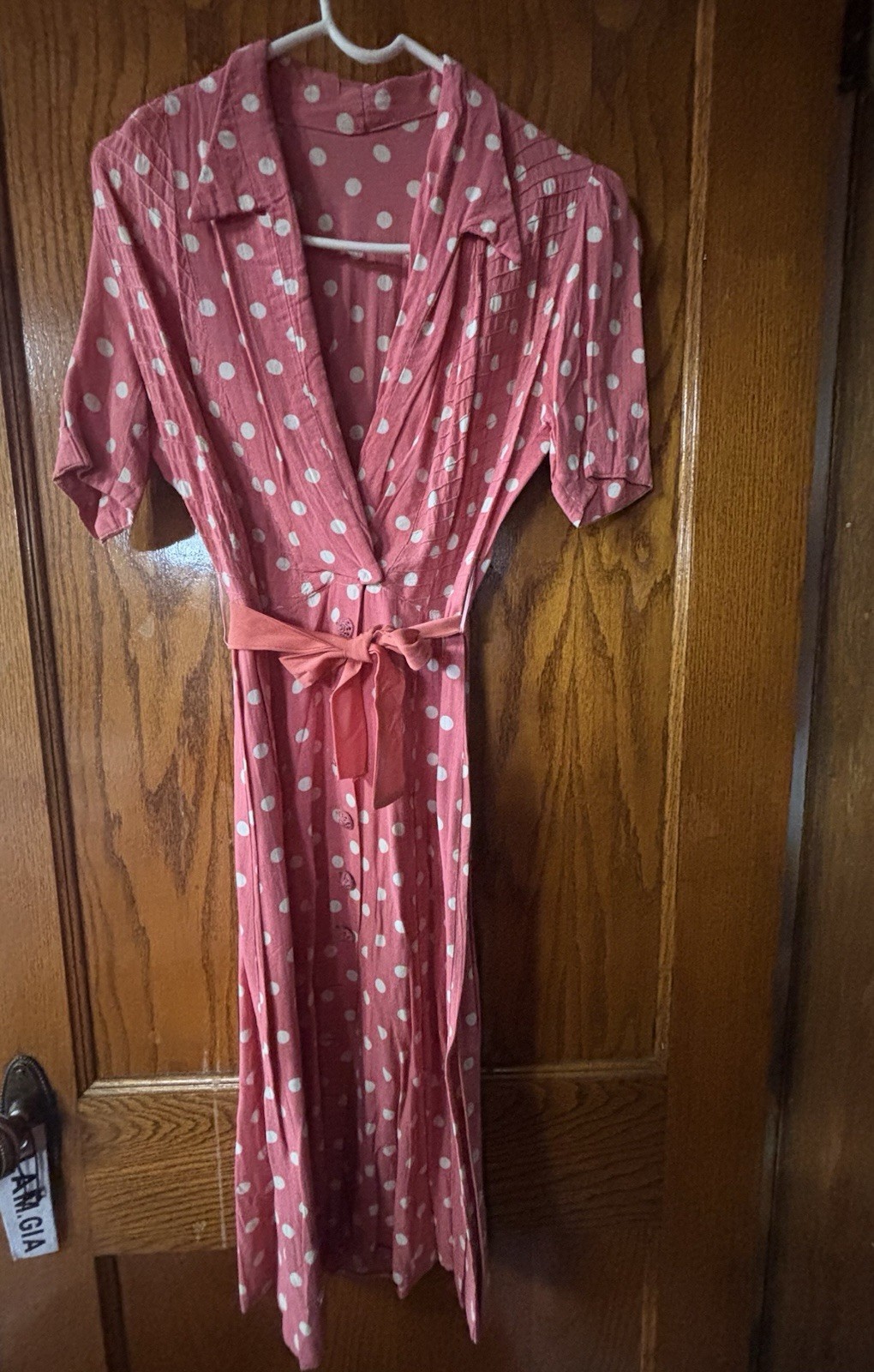 Vintage Handmade Pink Polka Dot Midi Dress Retro Wrap Secretary Cottagecore M/L
