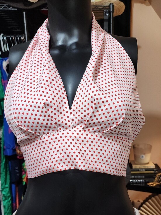 Vintage 70’s White Halter Crop Top with Red Polka Dots