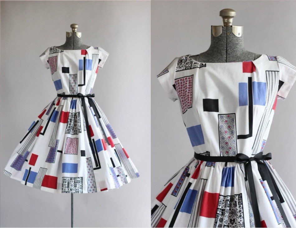 Vintage 1950s Bijou Original Geometric Print Dress w/ Waist Tie S