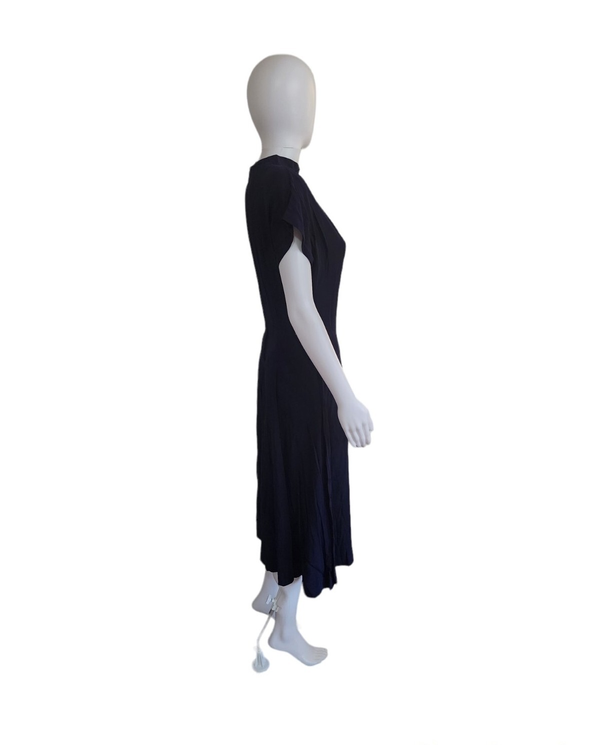 Vintage 40s Navy Silk Crepe Fit Flare Midi Dress Buttons W26″