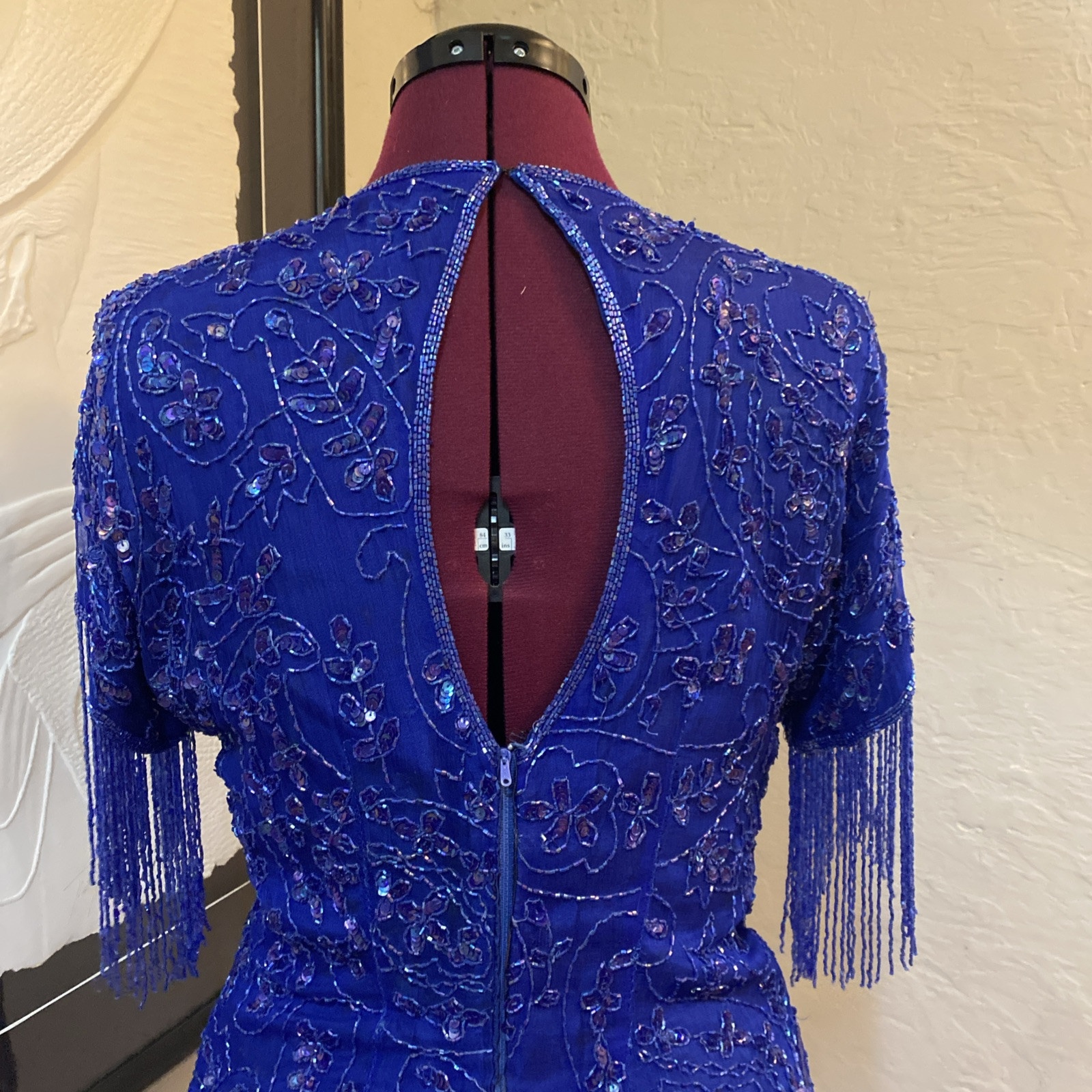 Vintage 80s Dark Blue Silk Sequin Beaded Fringe Cocktail Formal Mini Dress Med