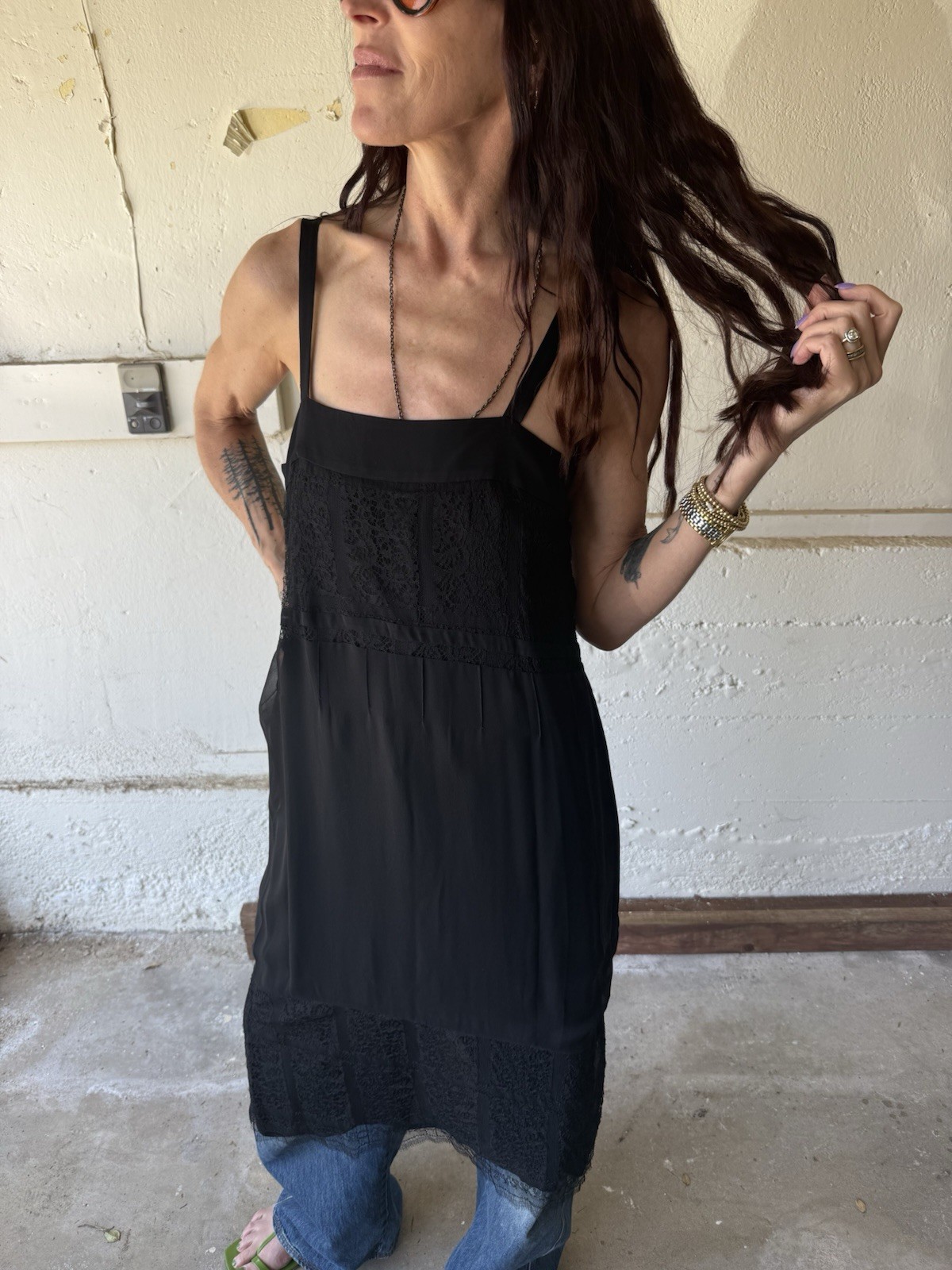 Jenny Kayne 100% Silk Lace Panel Slip Dress Black Medium Minimalist Quiet Luxury