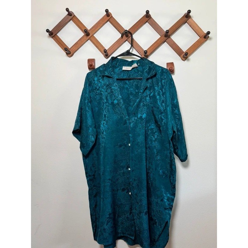Vintage Teal Blue Jacquard Satin Sleepshirt Button Up Robe Size Medium luxury
