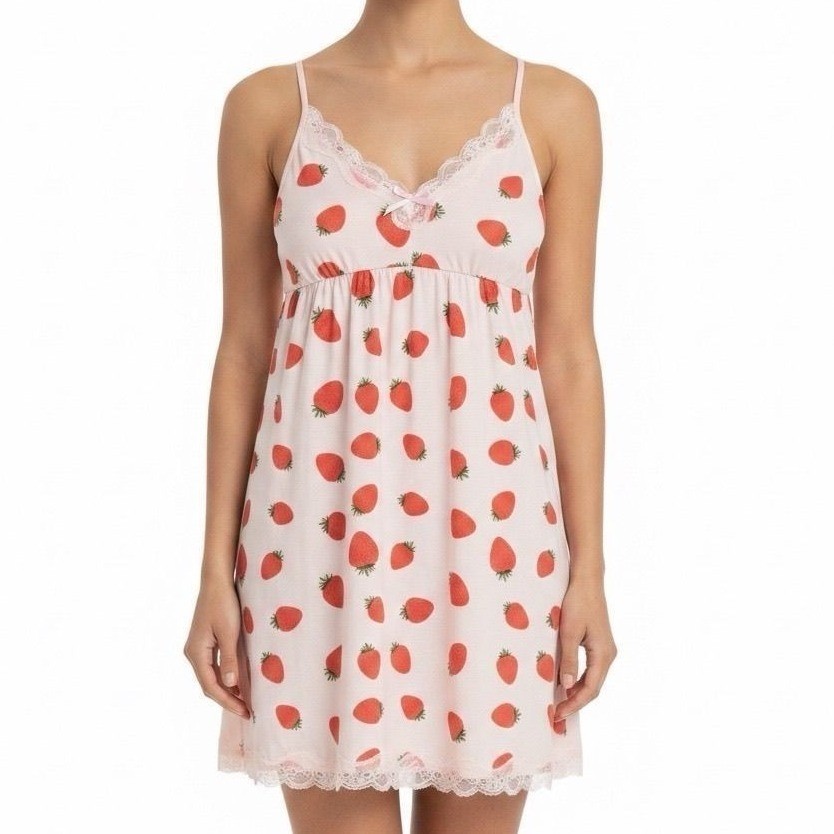 AVIDLOVE Strawberry Print Nightgown Slip Dress Pink White Size M