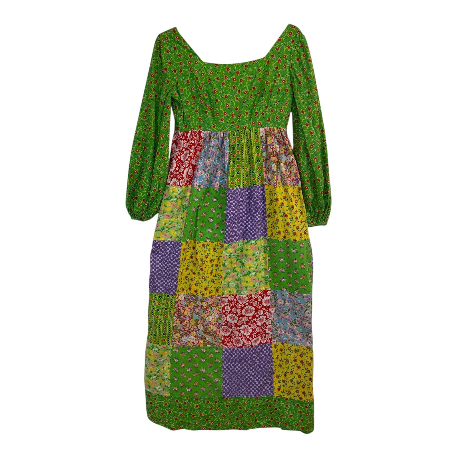 Vtg Mountain Artisans Patchwork Maxi Hippie Dress Floral Boho Green Pink Size 8