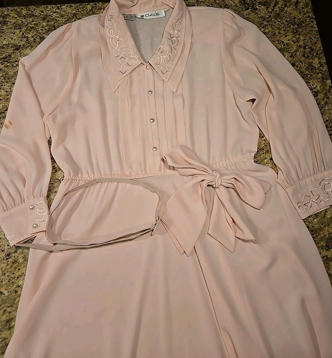 Vintage Pink Sheer Pleated Dress Size 16 Ms Chaus Modest W/NECK TIE & BELT
