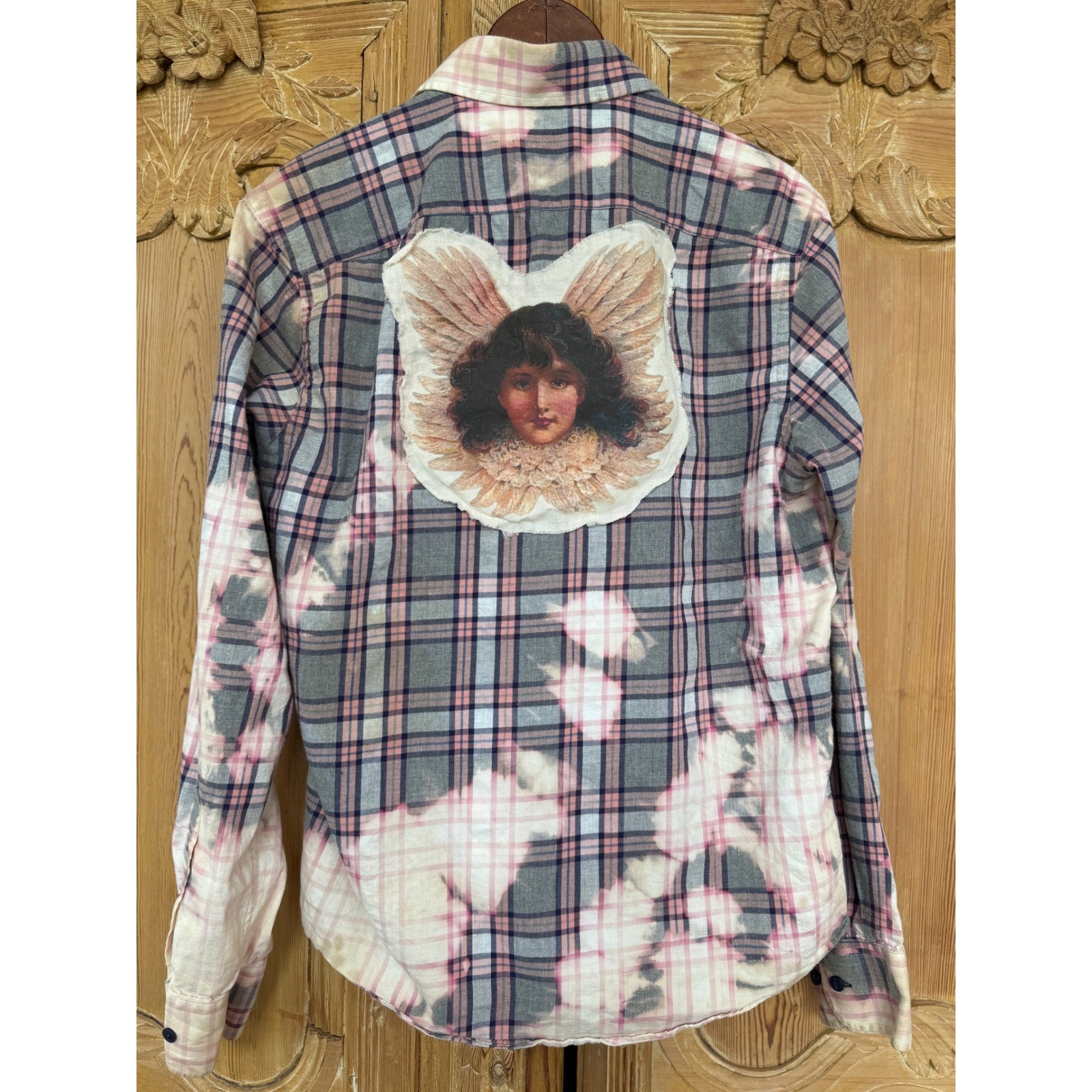 Upcycled Angel Flannel Bleach Dye Folk Art Shirt Cottagecore Boho Med. Slim fit