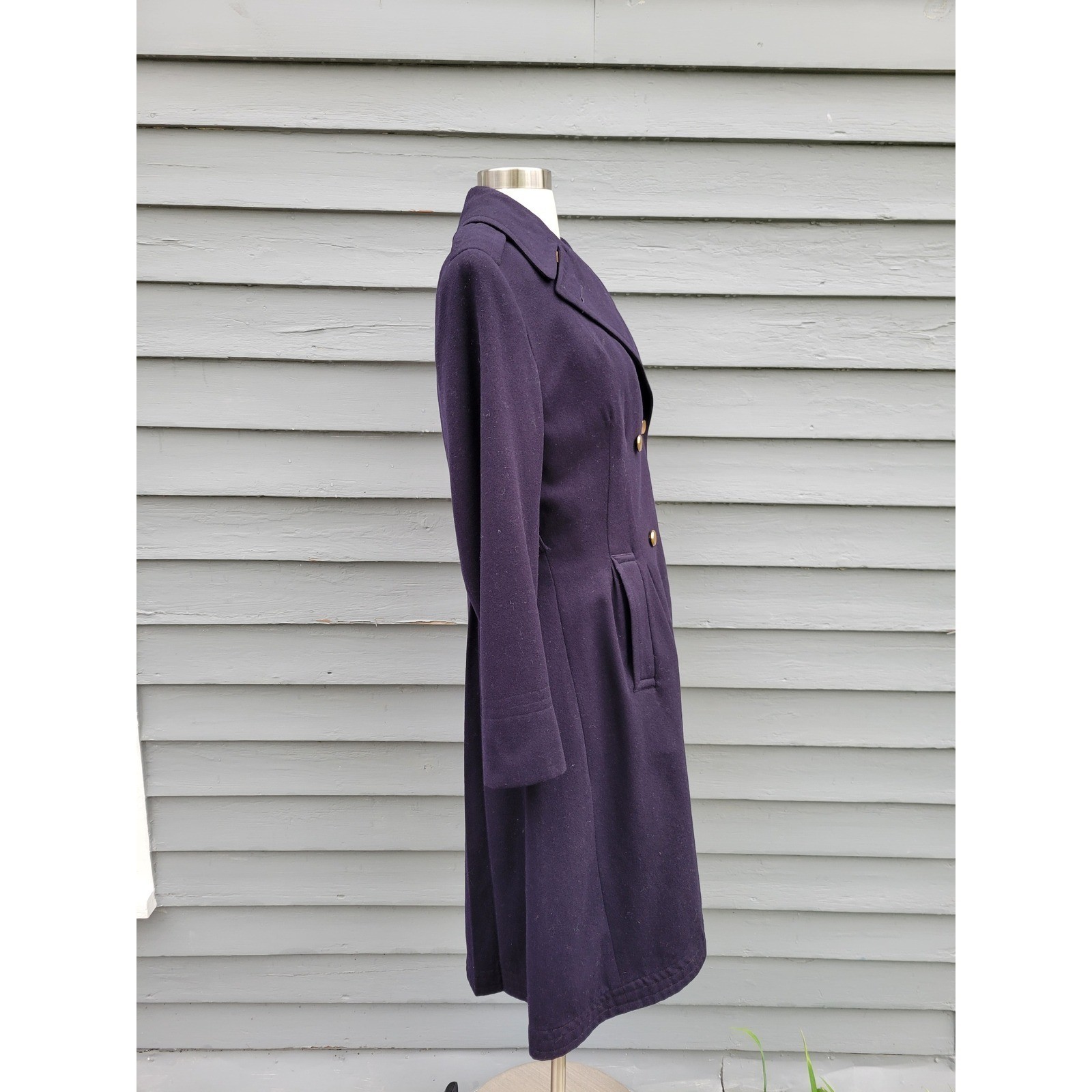 Vintage Military Style Overcoat Navy Blue Double Breasted Gold Buttons Medium
