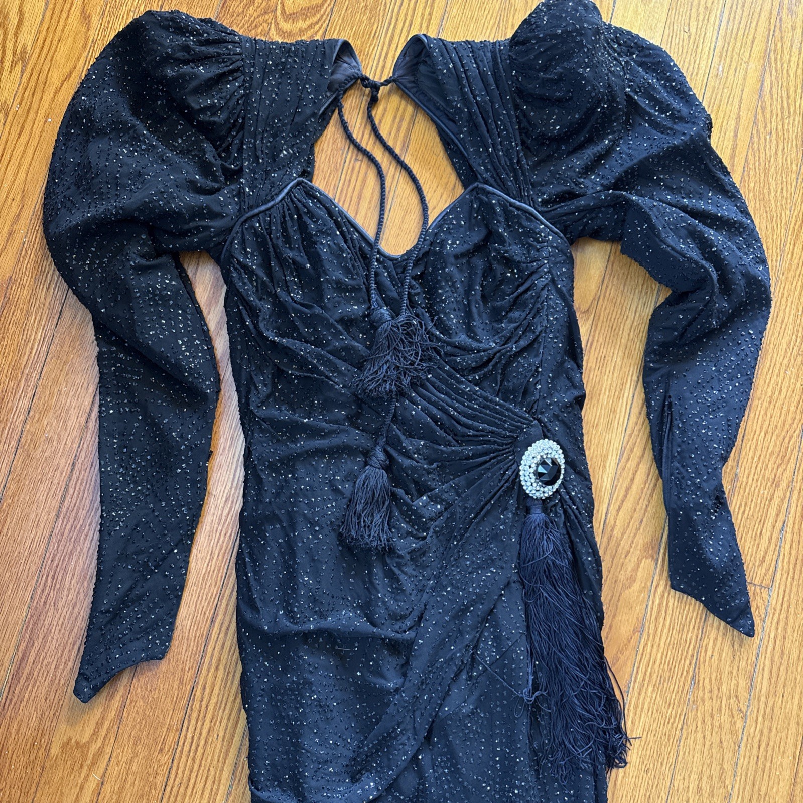 Vintage Claude Petin Paris Black Beaded Rhinestone EvnGown Cocktail Dress Tassel