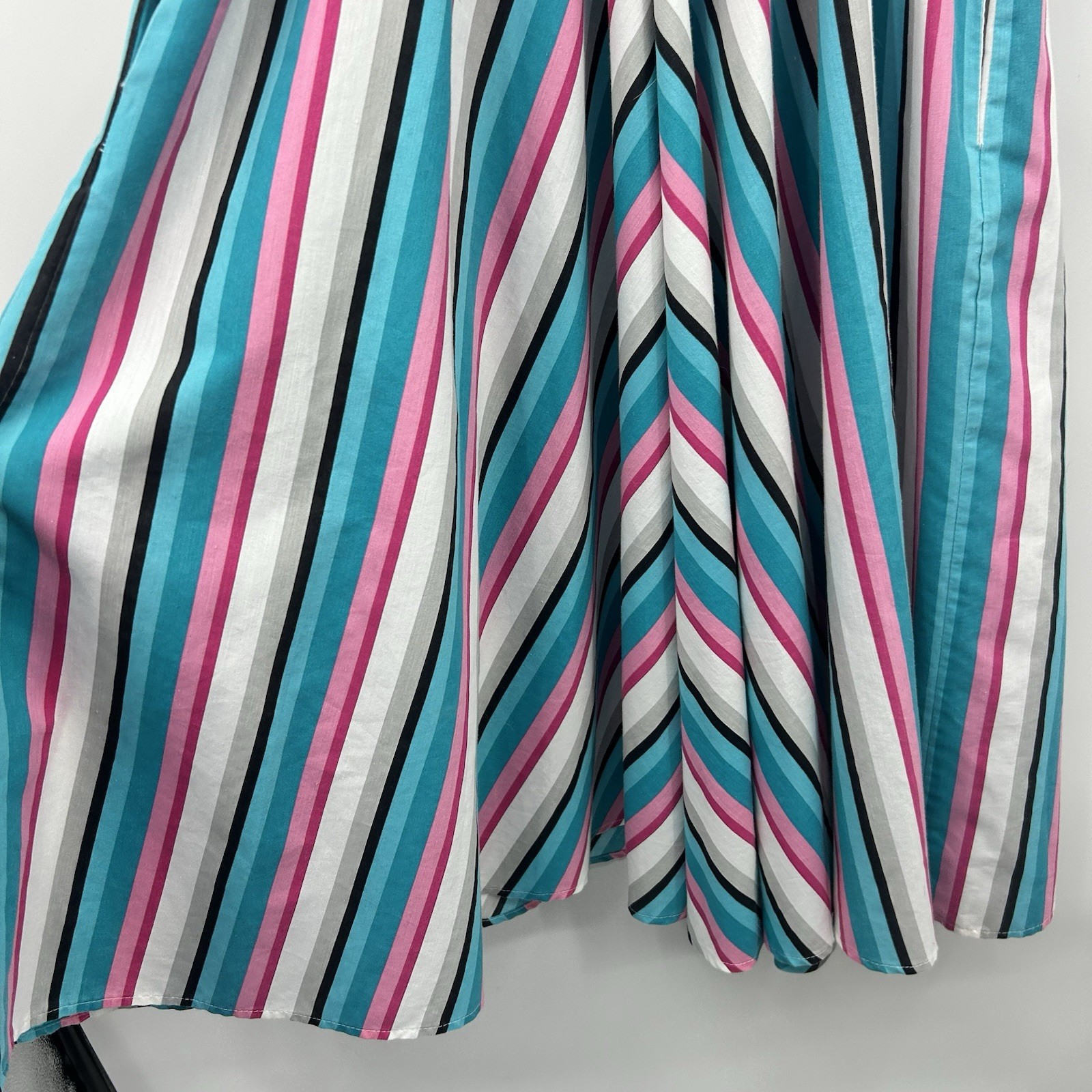 Vintage 80s 90s Striped Midi Dress Womens Shoulder Pads Pockets Colorful Retro L