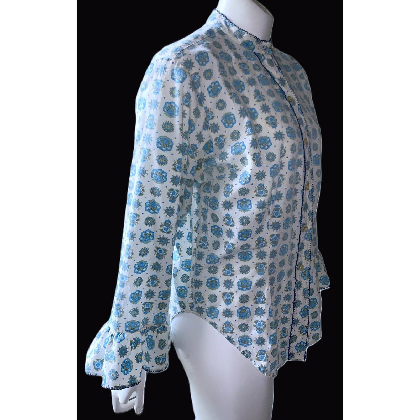 1950s-60s Retro Rockabilly Cotton Blouse Shaped Hem Picot Trim 3/4 Sleeve 37″B