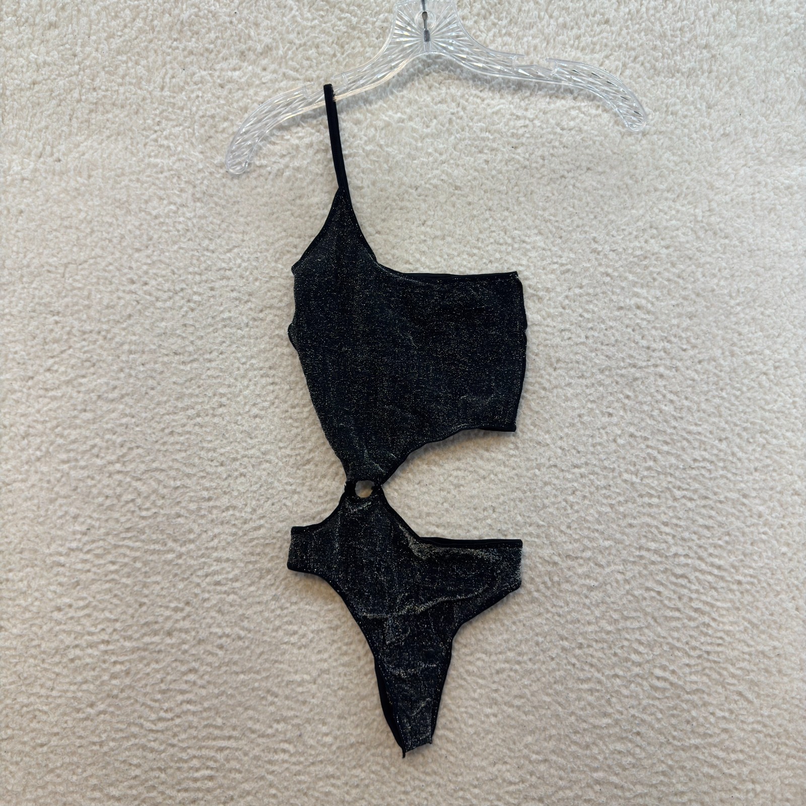 Y2K Vintage Bodysuit One Piece XS Small Black Sparkle Glitter Cut-Out Rave Club