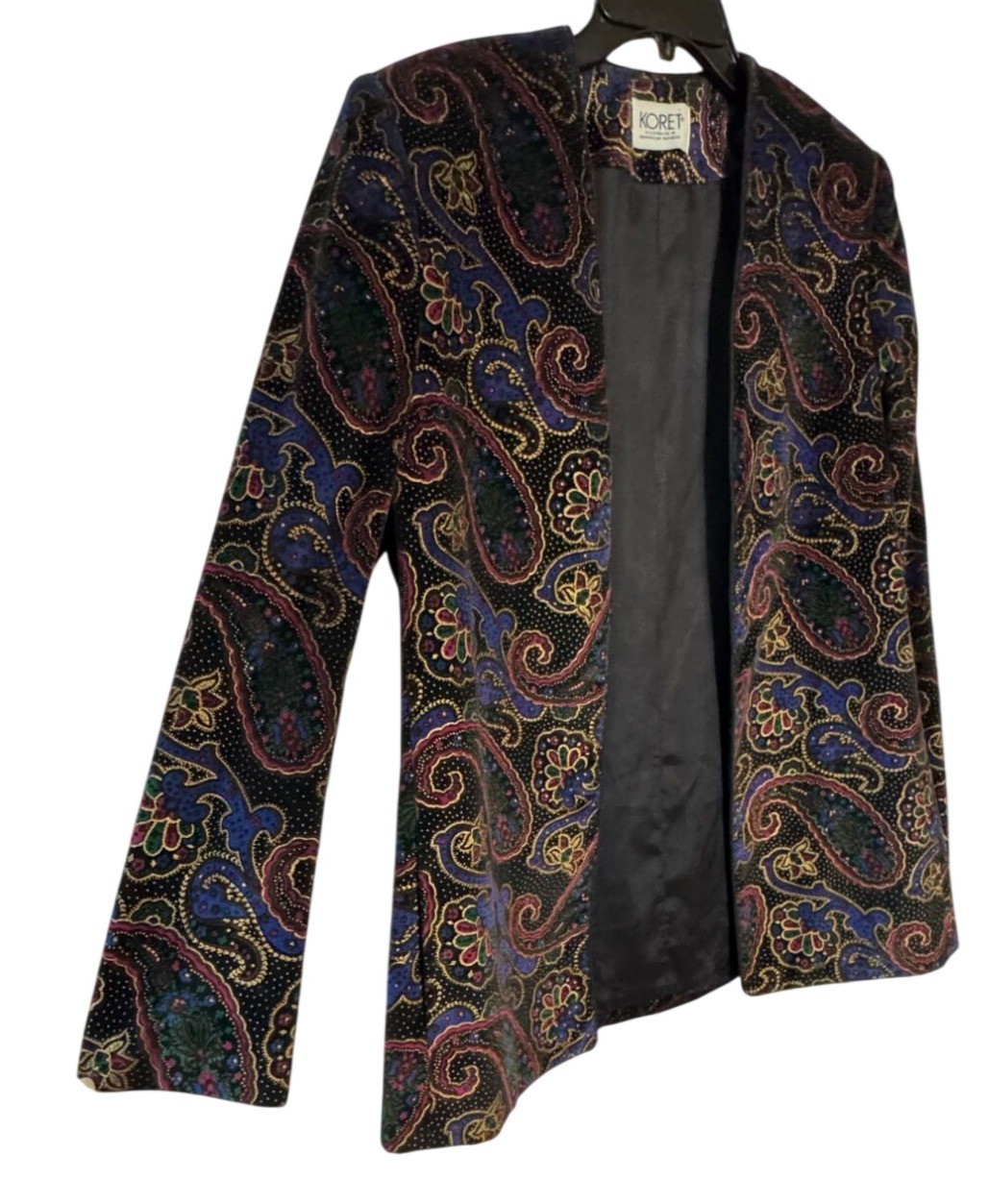 Vintage Koret Size 8 Velvet Paisley Open Front Blazer Jacket Shoulder Pads Soft