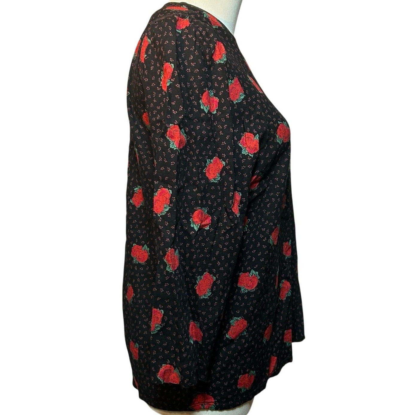 VTG Ms Interpret Black Red Rose Polka Dot Rayon Blouse 12 Whimsygoth Grunge Goth