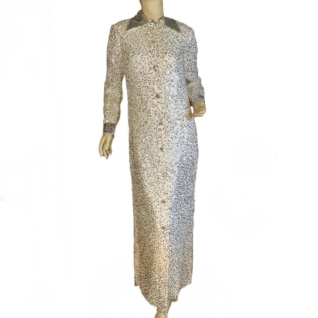 VINTAGE 1960’S CREAM & SILVER SEQUIN LONG SLEEVE PARTY DRESS SIZE SMALL