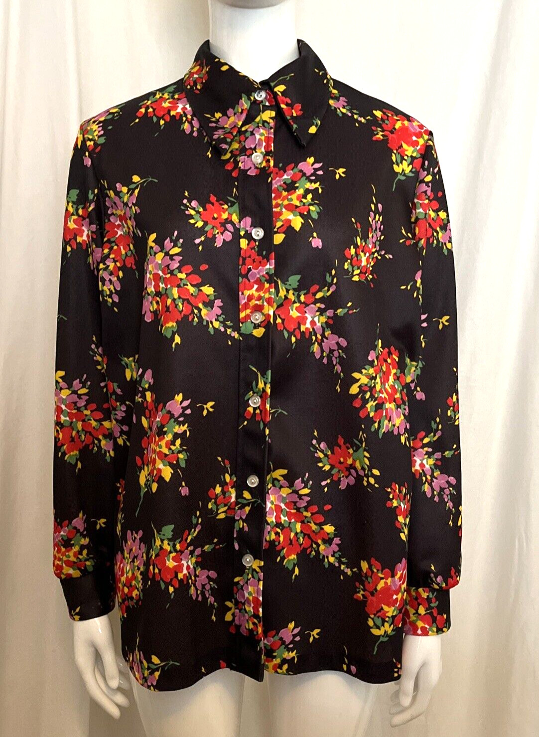 NPC Fashions Vintage Floral Top Womens Dagger Collar Brown/Red Lng Slv. M/L USA