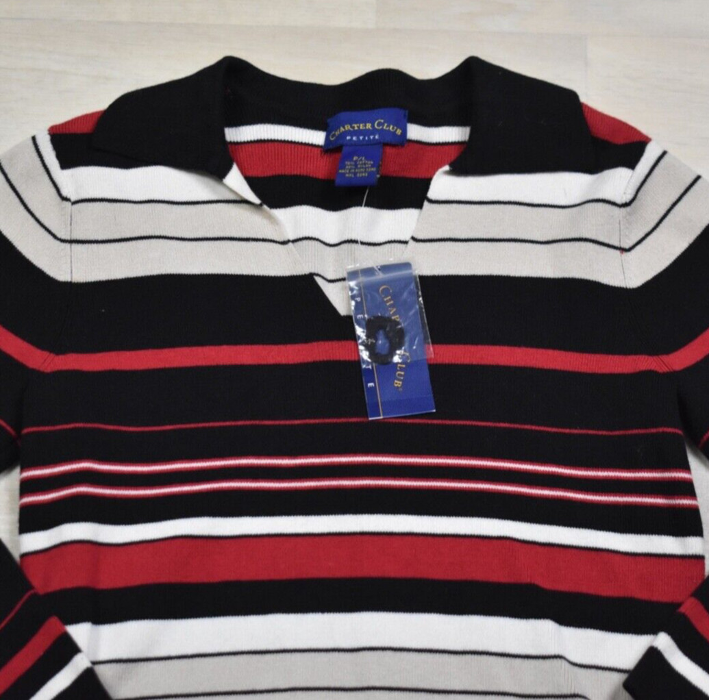 Y2K Charter Club Petite Sweater Stripe Collar V Neck VTG 2000s Petite Large