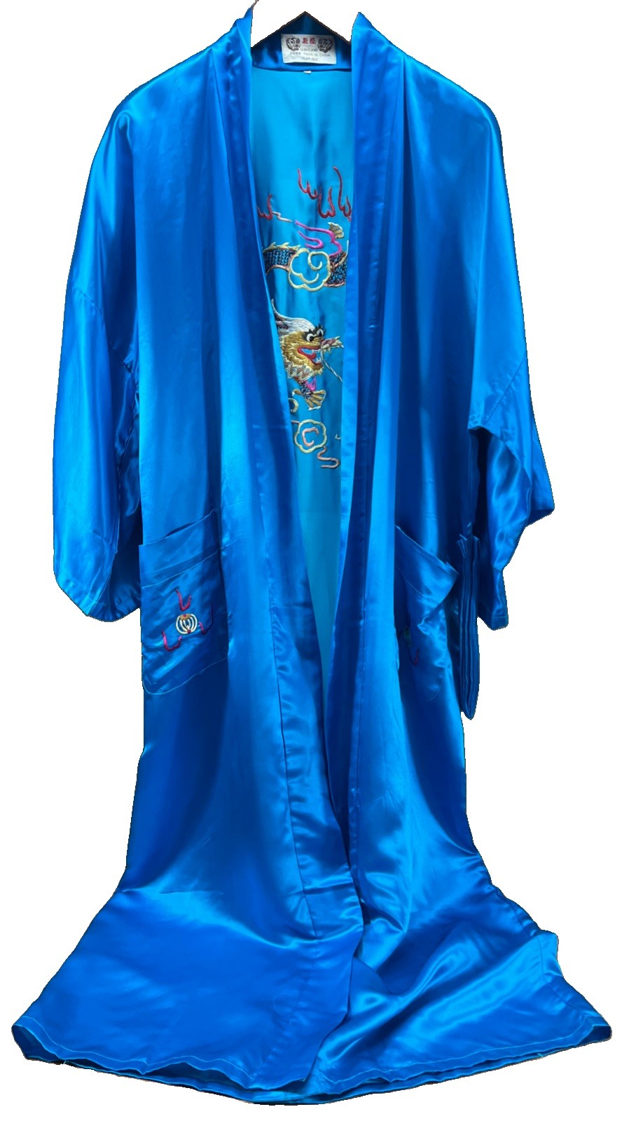 Vintage Dun Huang 100% Silk Blue Dragon Embroidered Robe S/M Kimono Tie