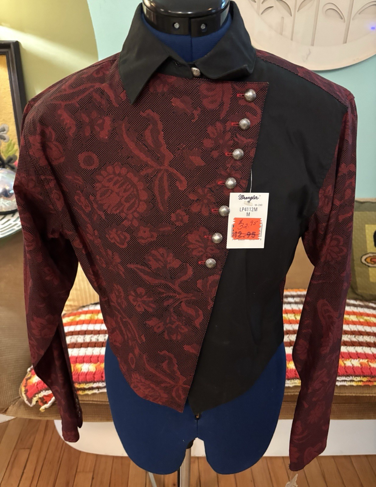 Vintage Wrangler Silver Lake Red and Black Western Top Shirt Sz Medium NOS