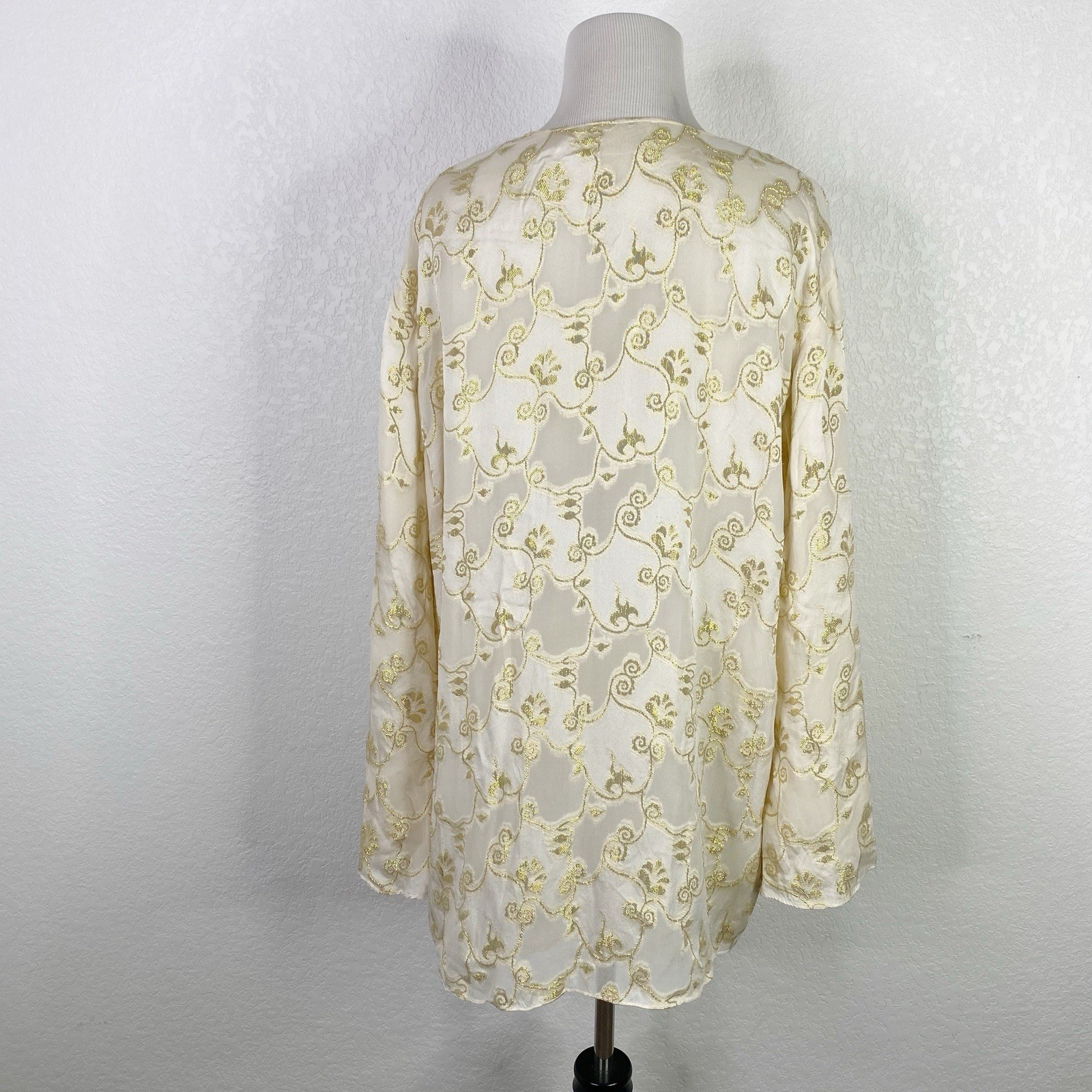 Vintage Lingerie Collection Womens Size Large 100% Silk Cream Gold Kimono Robe